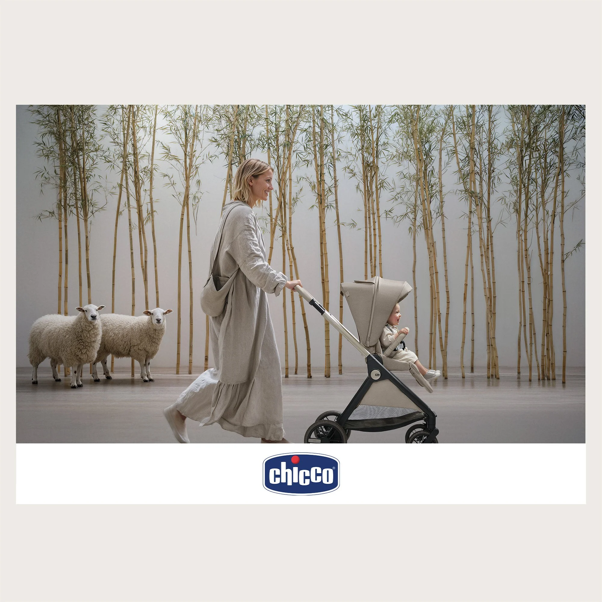 Beige stroller pushed through a bamboo grove with two sheep. Chicco Bellagio stroller campaign, AI-generated image.