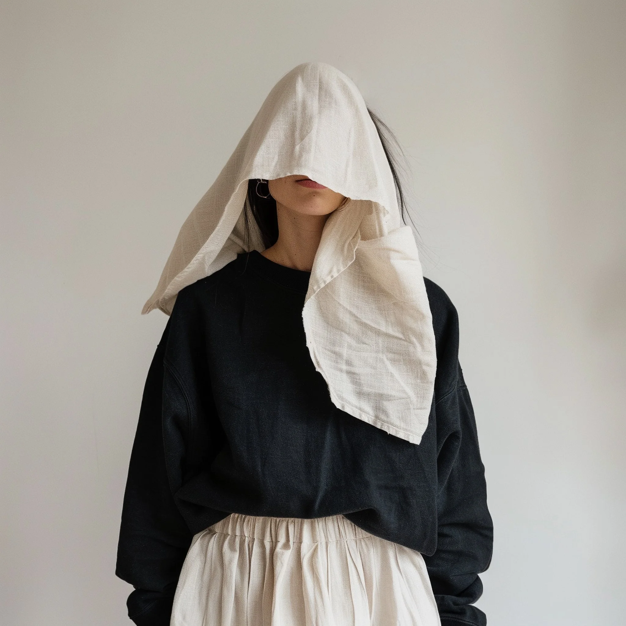 Woman with a linen cloth over the head, black sweater and cream skirt. Ai-generated image.