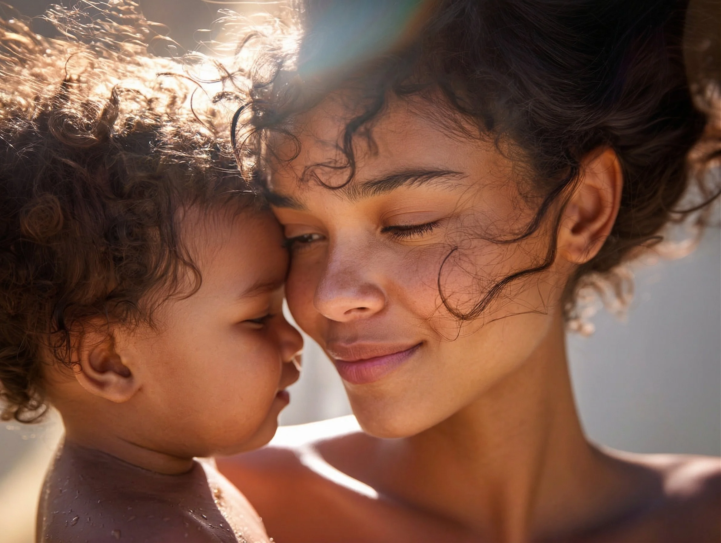 Mother and baby, cheek to cheek, backlit. AI-generated image