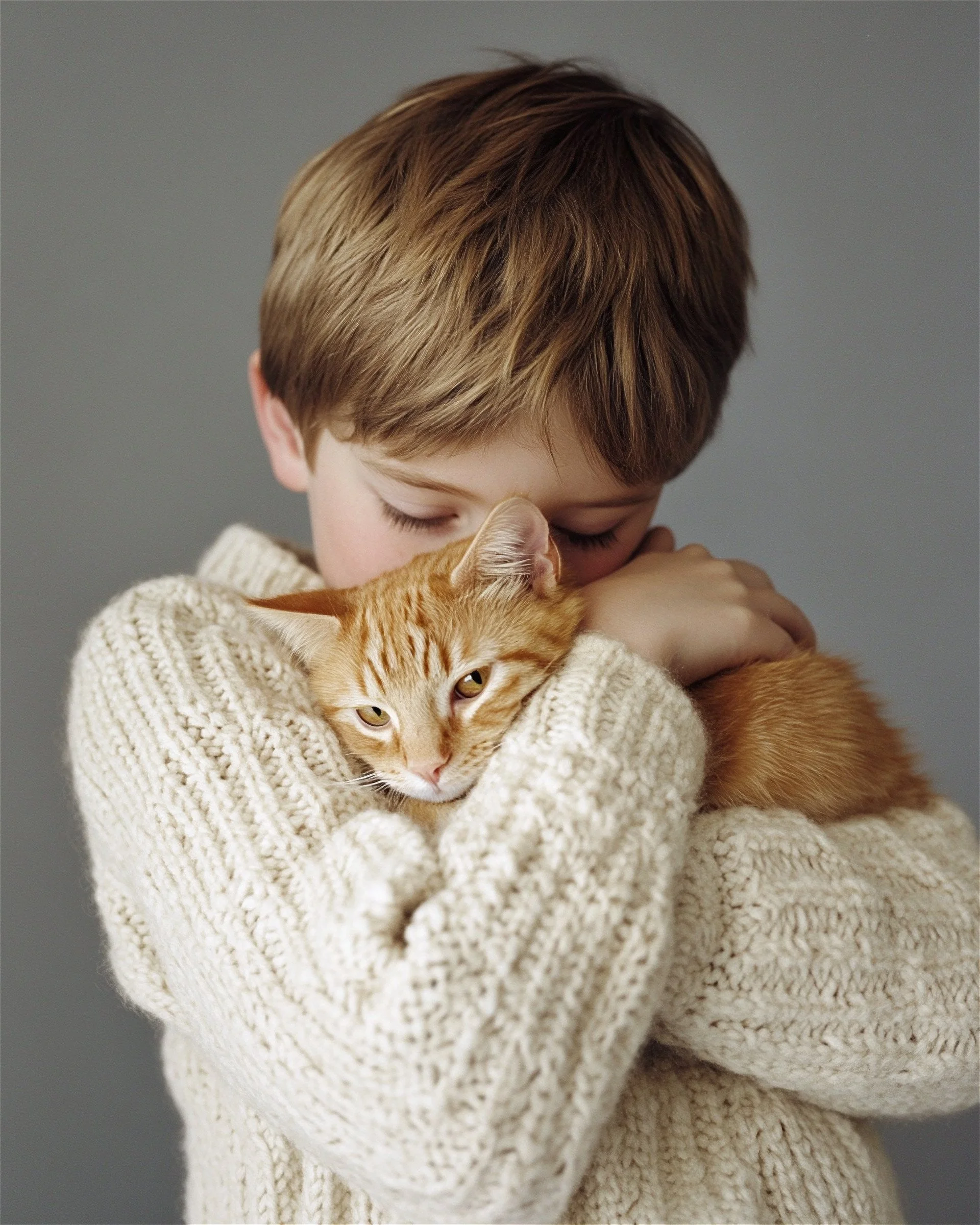 Boy in a cream cable knit holding a ginger cat. AI-generated image.