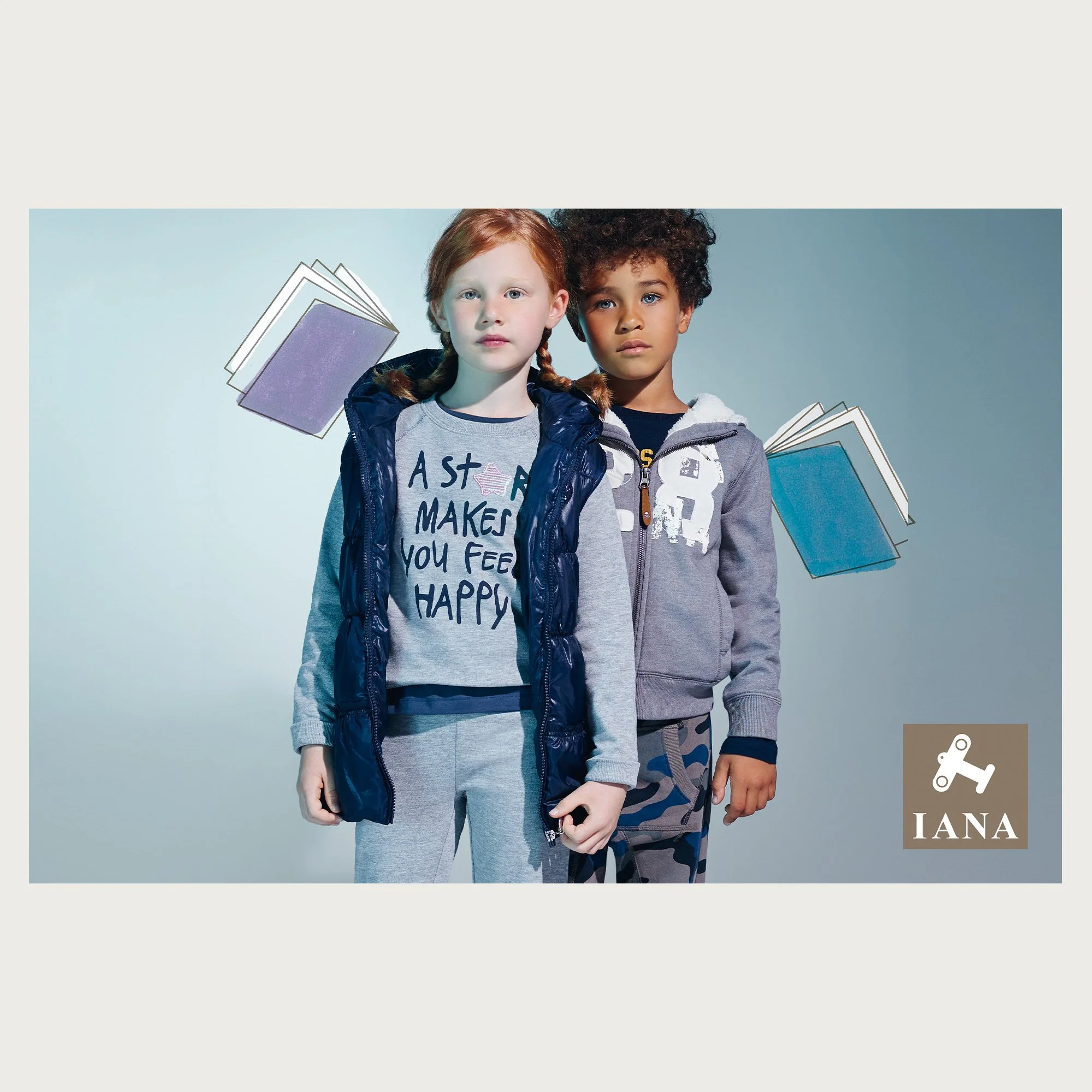 Navy gilet and hooded sweatshirts, two children with books floating around them. illustration. Iana campaign.