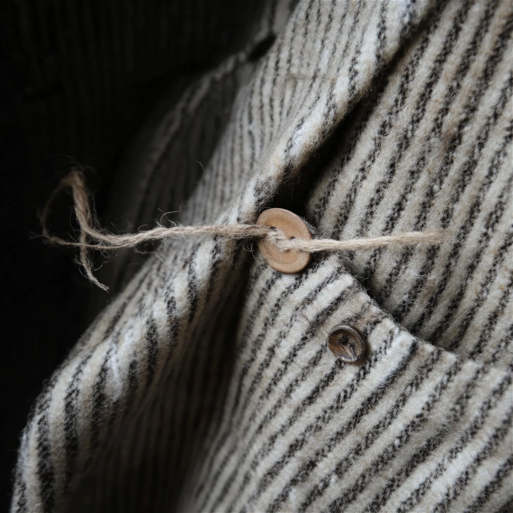 Striped wool coat detail with wooden button and twine. Ai-generated image.