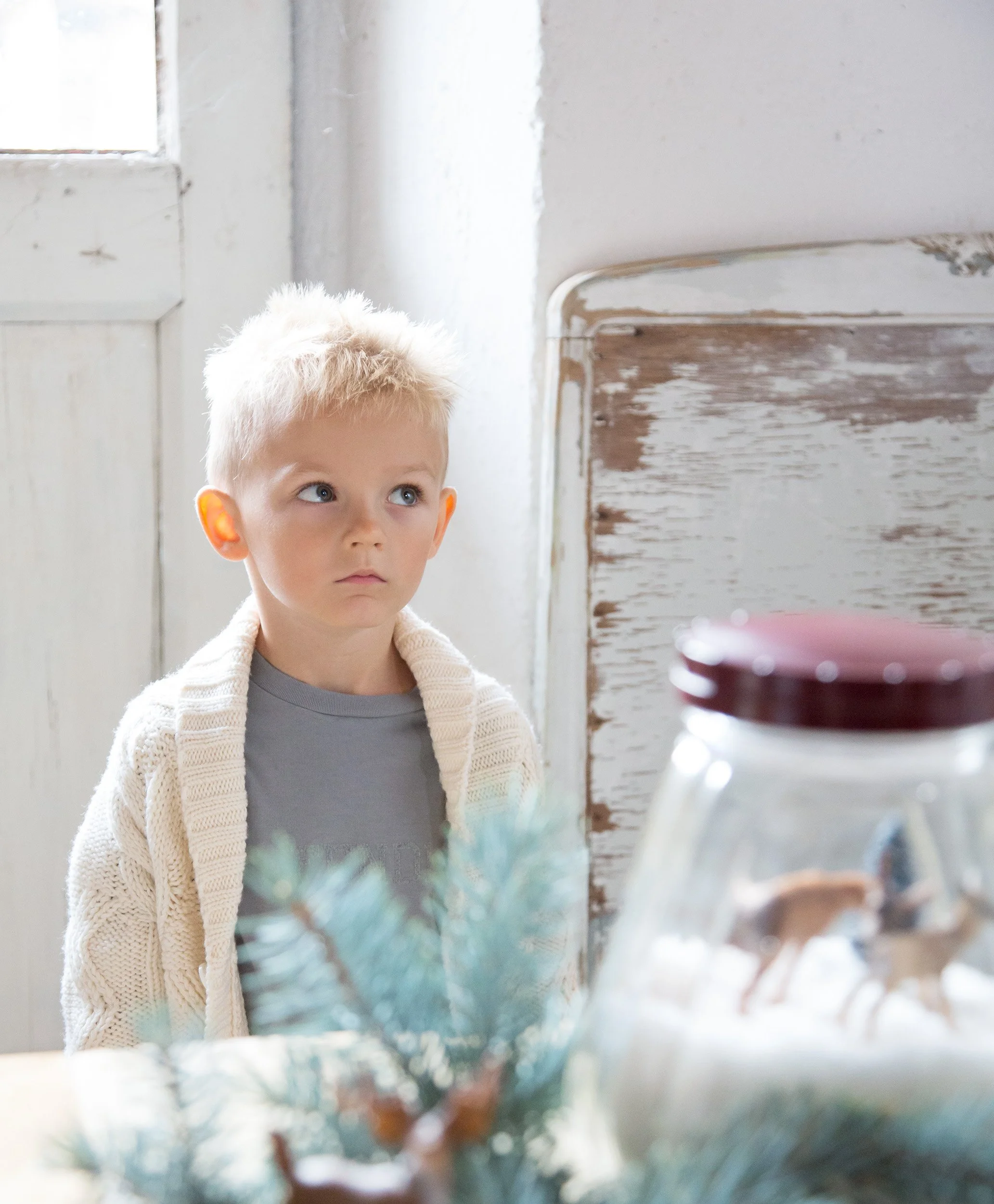 Boy in a cream cardigan beside a glass jar and a frosted branch.
