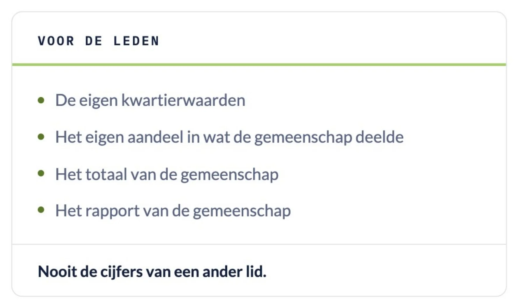A Dutch text document with a header 'VOOR DE LEDEN' and bullet points about membership values and reports.