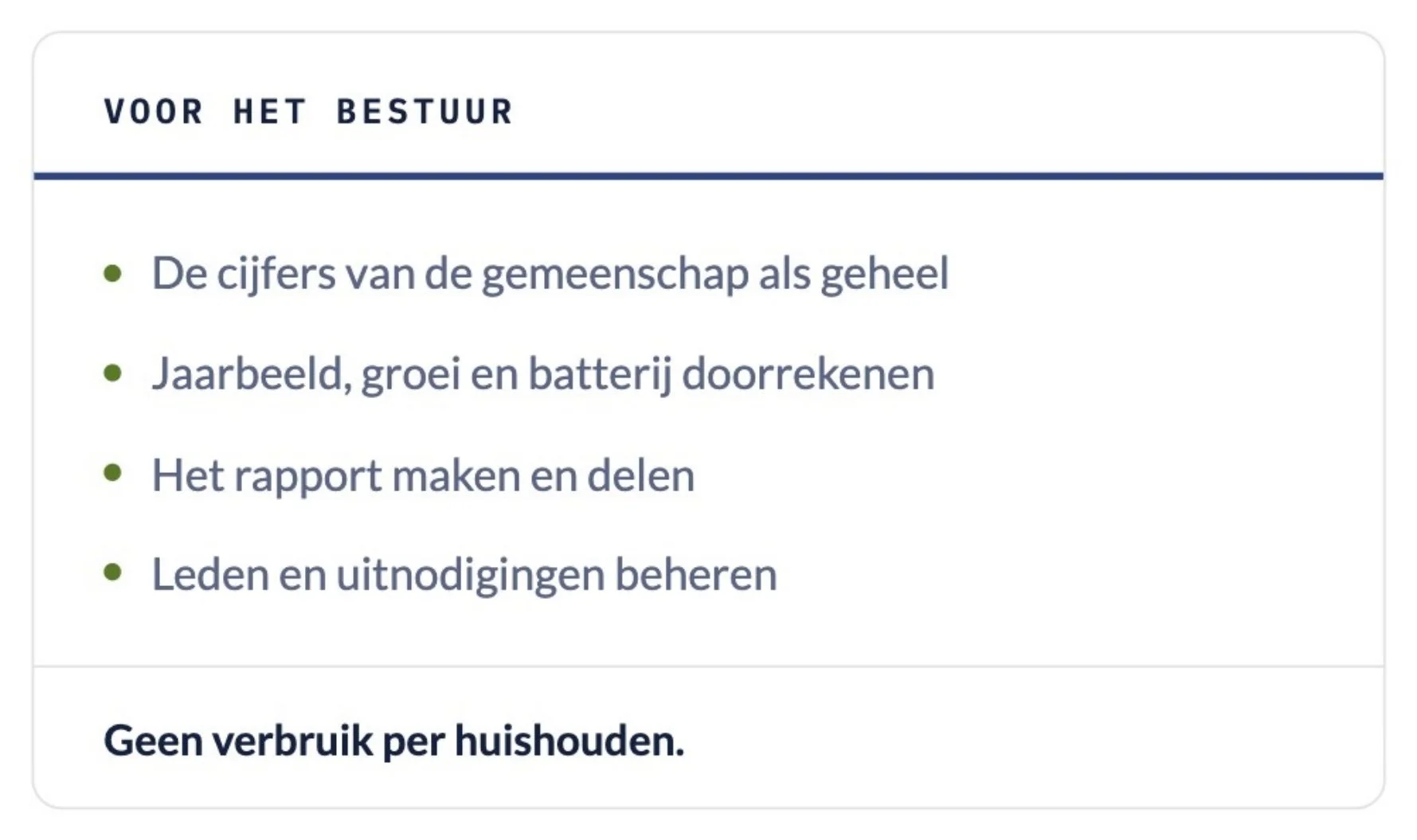 A Dutch presentation slide with a blue title header that says "VOOR HET BESTUUR" and bullet points about community data, annual growth, reports, managing members and invitations, all in Dutch.