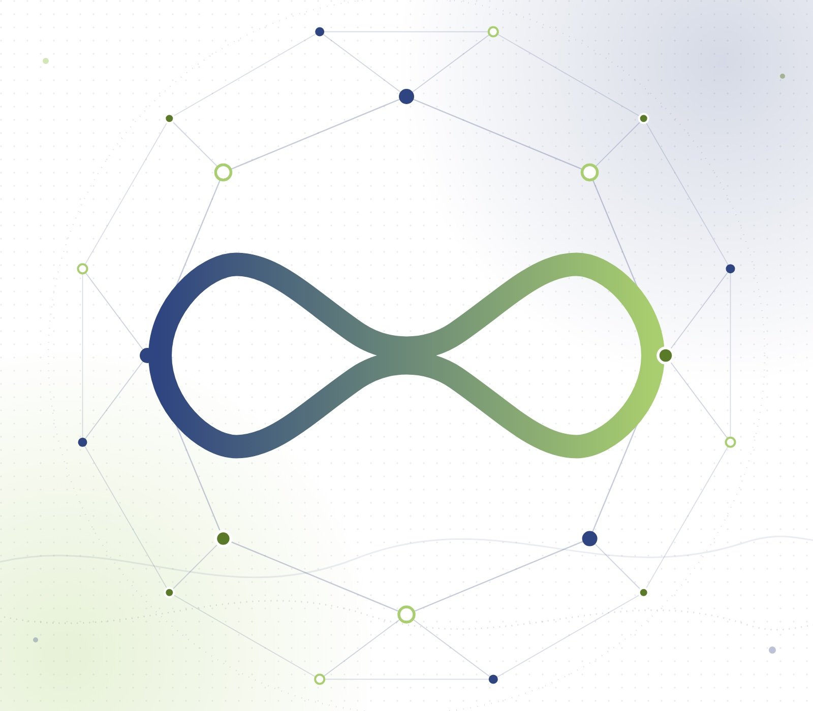 A stylized infinity symbol with gradient colors of dark blue and light green, surrounded by a network of connected dots forming a hexagon, on a dotted light background.