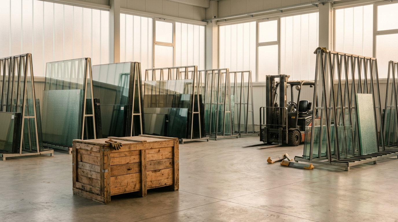 Glass panels stored on metal racks in a warehouse with a wooden crate and a forklift.