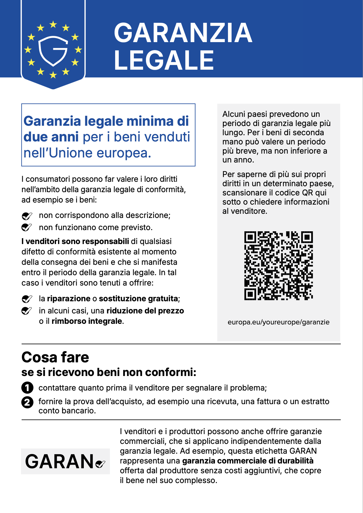 Informativa sulla garanzia legale europea di due anni per beni venduti, con spiegazioni e QR code per ulteriori dettagli.