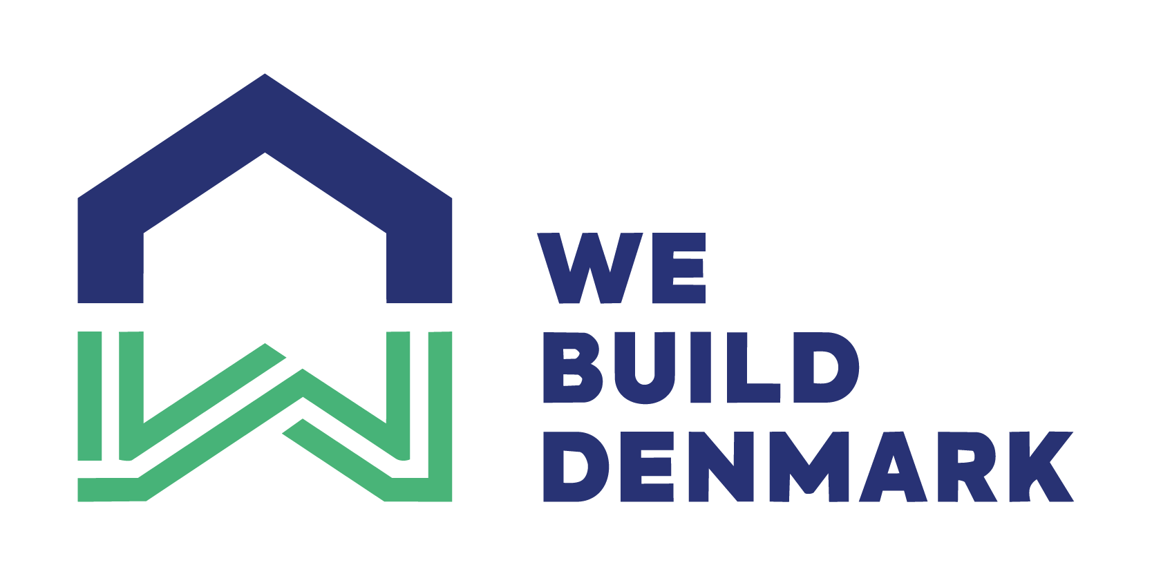 Logo for 'We Build Denmark' featuring a stylized house outline with green lines and a blue roof, accompanied by the text 'We Build Denmark' in blue, modern font.