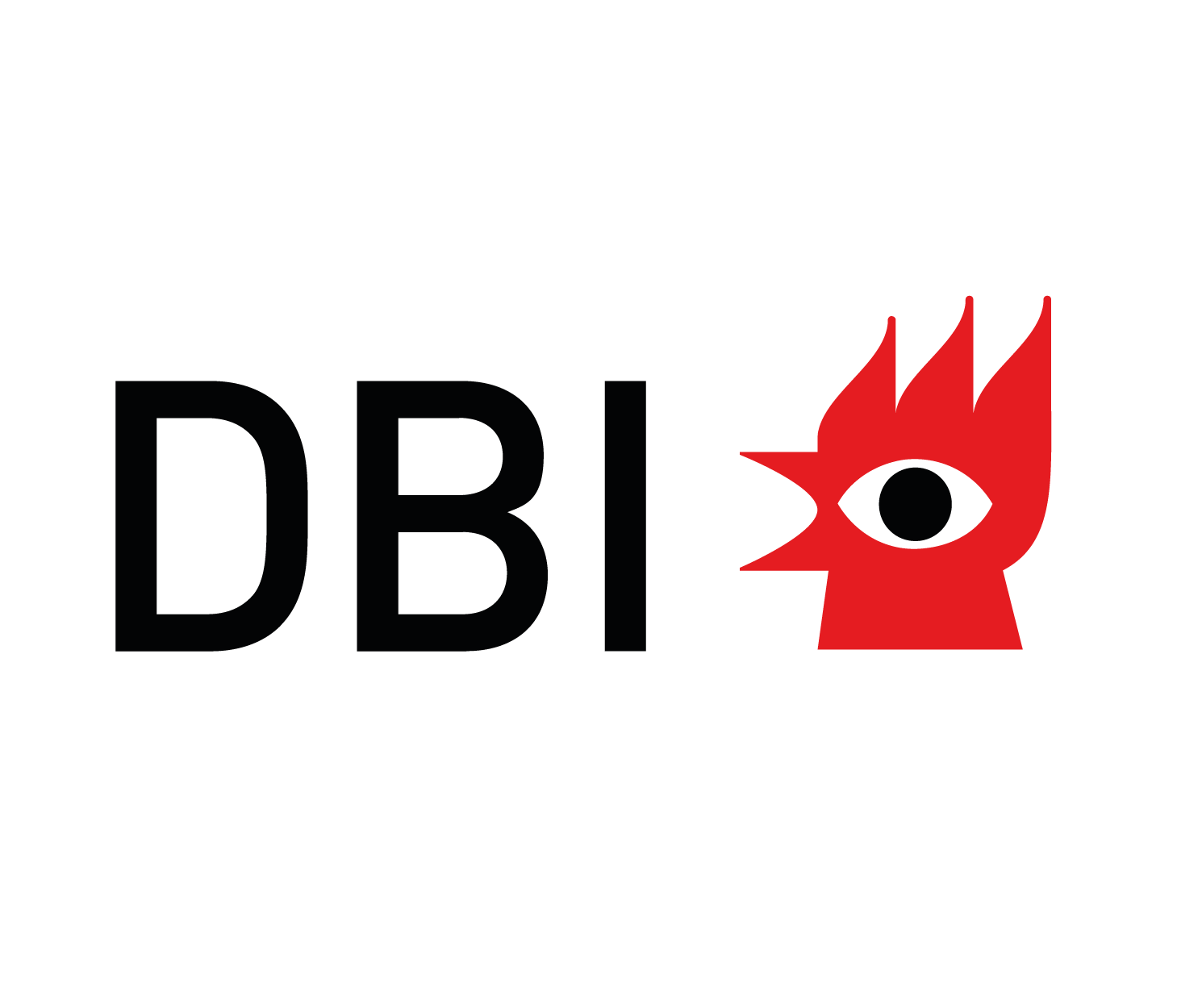Logo with the letters 'DBI' in black and a red stylized bird head with an eye and sharp beak next to the letters.