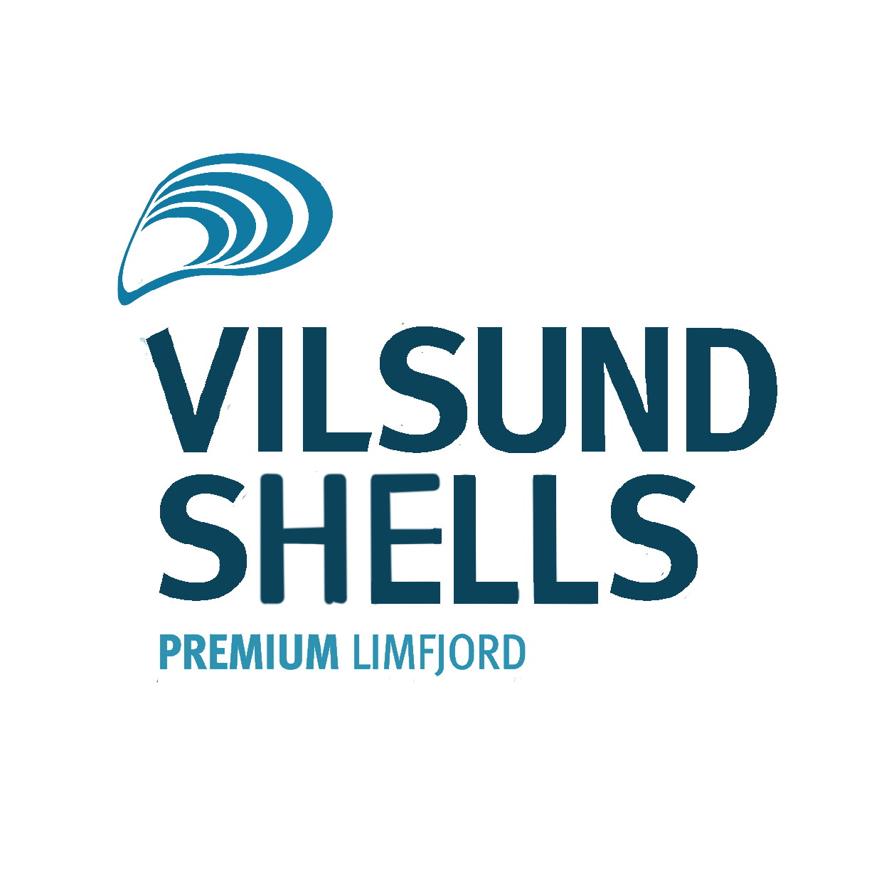 Logo for Vilsund Shells Premium Limfjord featuring a stylized wave shell graphic and text in blue.