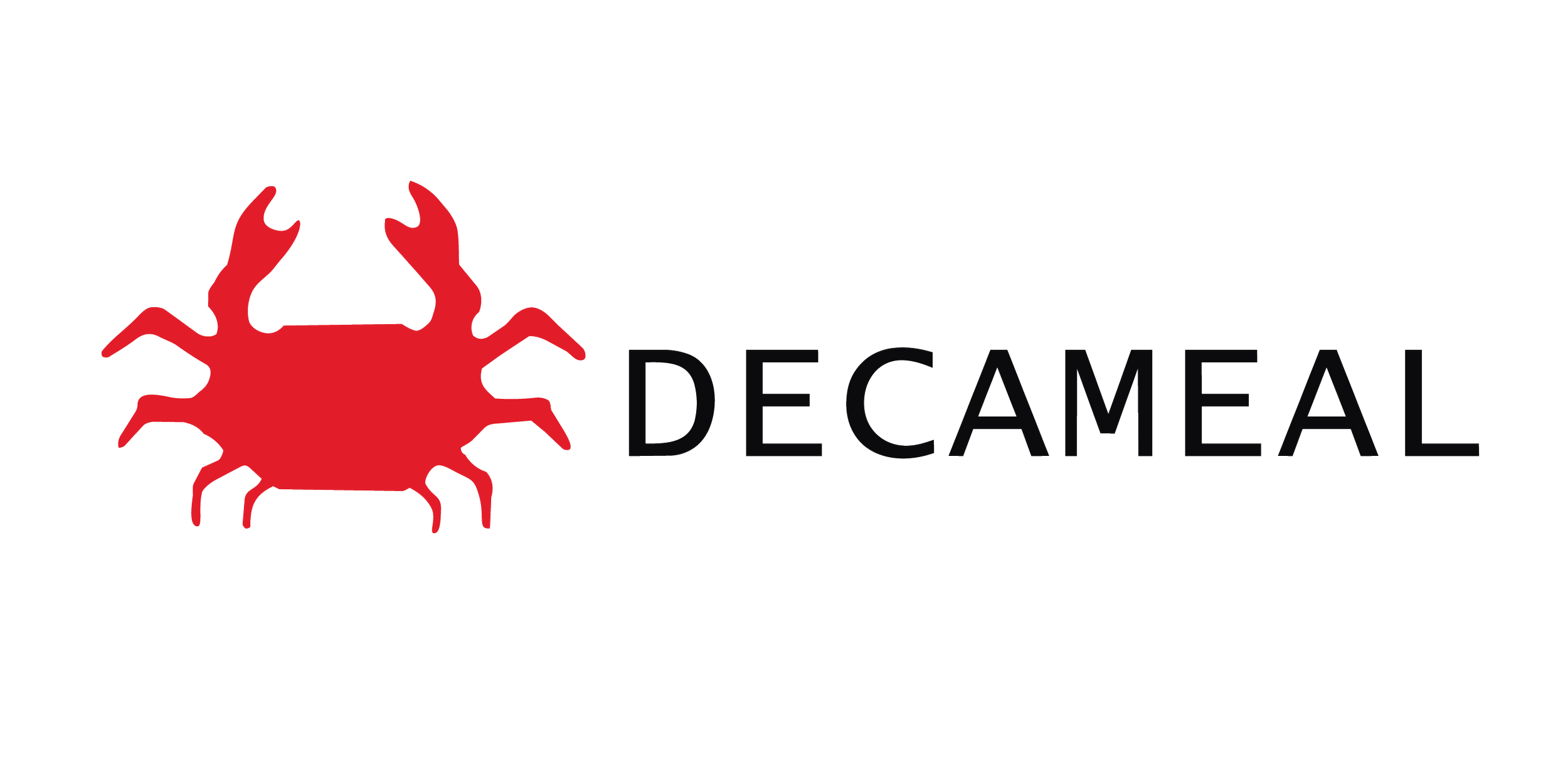A logo featuring a red crab with the word DECAMEAL beside it in black letters.