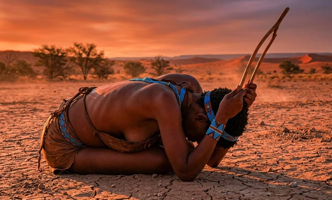 A man with dark skin, adorned with beaded jewelry, is kneeling on dry, cracked earth in a desert landscape during sunset. He is bowing with his forehead touching the ground and holding a bow and arrow in his hands, in a traditional or spiritual pose.
