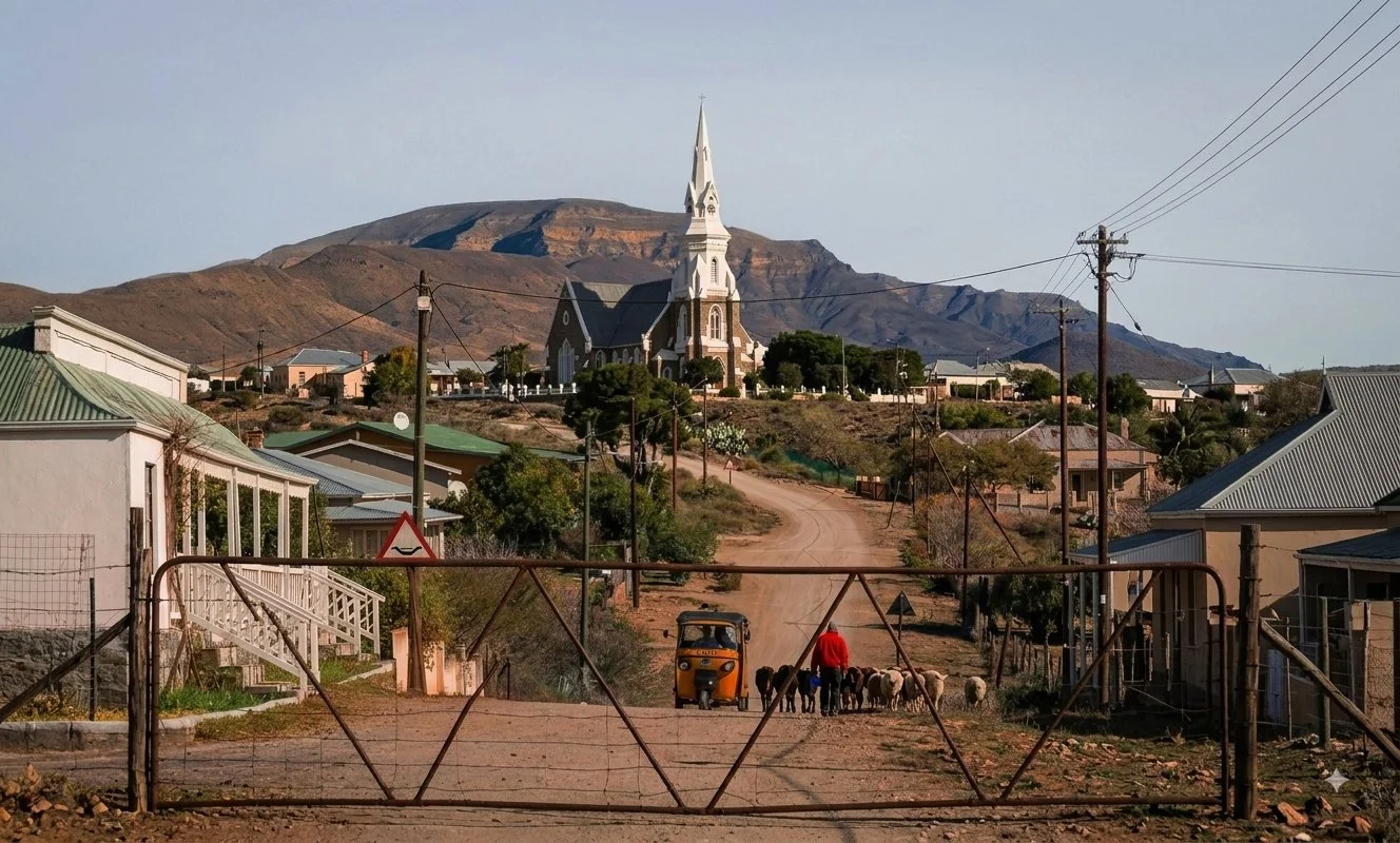 A rural village scene with a dirt road leading towards a church with a tall spire, surrounded by houses, utility poles, and mountains in the background. A person herding sheep and a small vehicle are visible in the foreground.