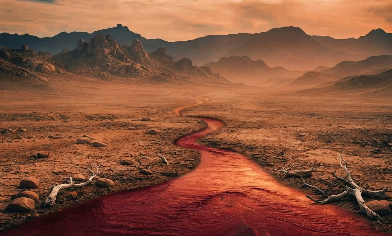 A dry, cracked desert landscape with a winding red river flowing through it and mountains in the distance under a cloudy sky during sunset.