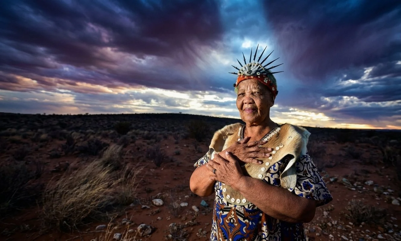 Older woman outdoors at sunset wearing traditional clothing and a feathered headpiece, holding her hand over her chest in front of a dramatic sky with dark clouds and a desert landscape.