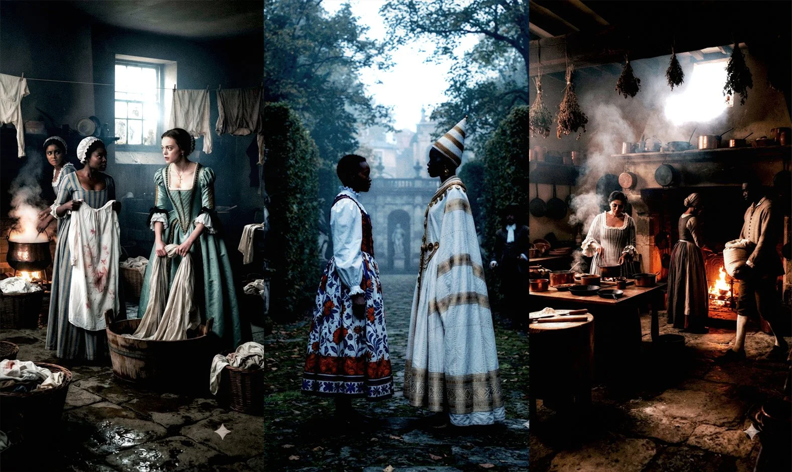 A triptych of historical scenes including women in period dress doing laundry, women and a man in traditional African attire outdoors, and a kitchen scene with women cooking over a fire.