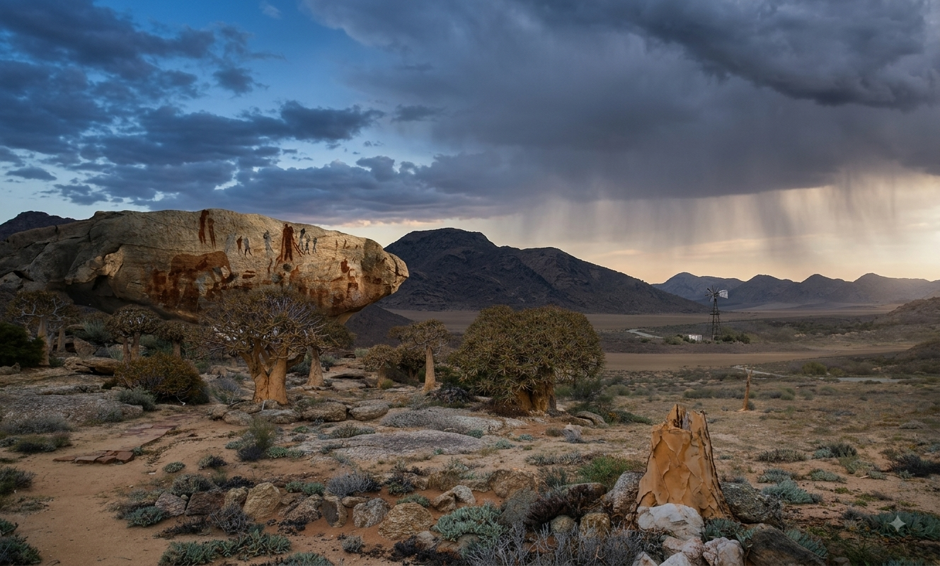 A desert landscape at dusk with a large rock featuring ancient petroglyphs, sparse trees, rocky ground, and mountains in the distance under a cloudy sky.
