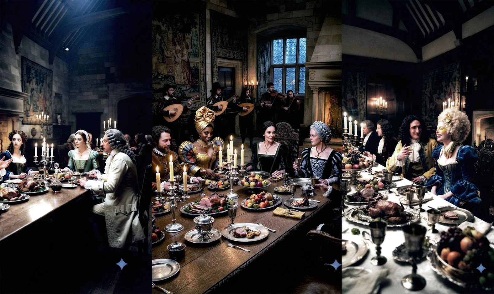 A medieval-style banquet with people dressed in period costumes seated at a long table filled with food, candles, and silverware, with musicians playing lutes in the background.