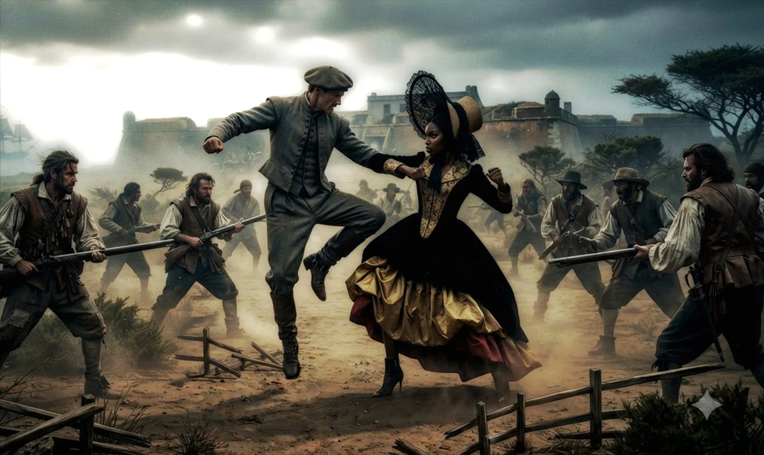 A scene from a historical movie or TV show depicting a woman in a Victorian dress fighting off multiple soldiers with guns in a dusty outdoor setting with a castle in the background.