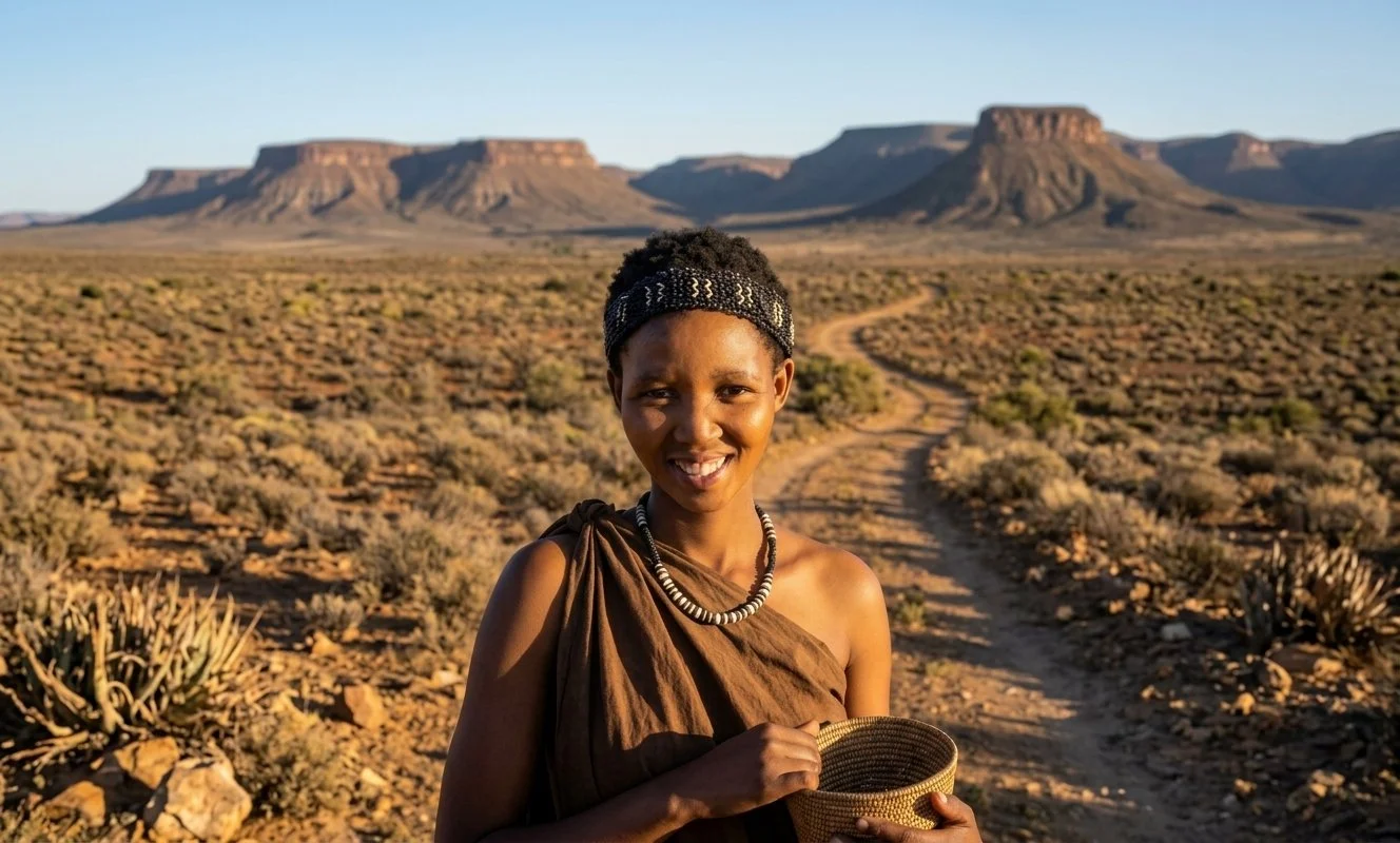 Young woman smiling in a desert landscape with mesa formations in the background, wearing traditional clothing and holding a basket.