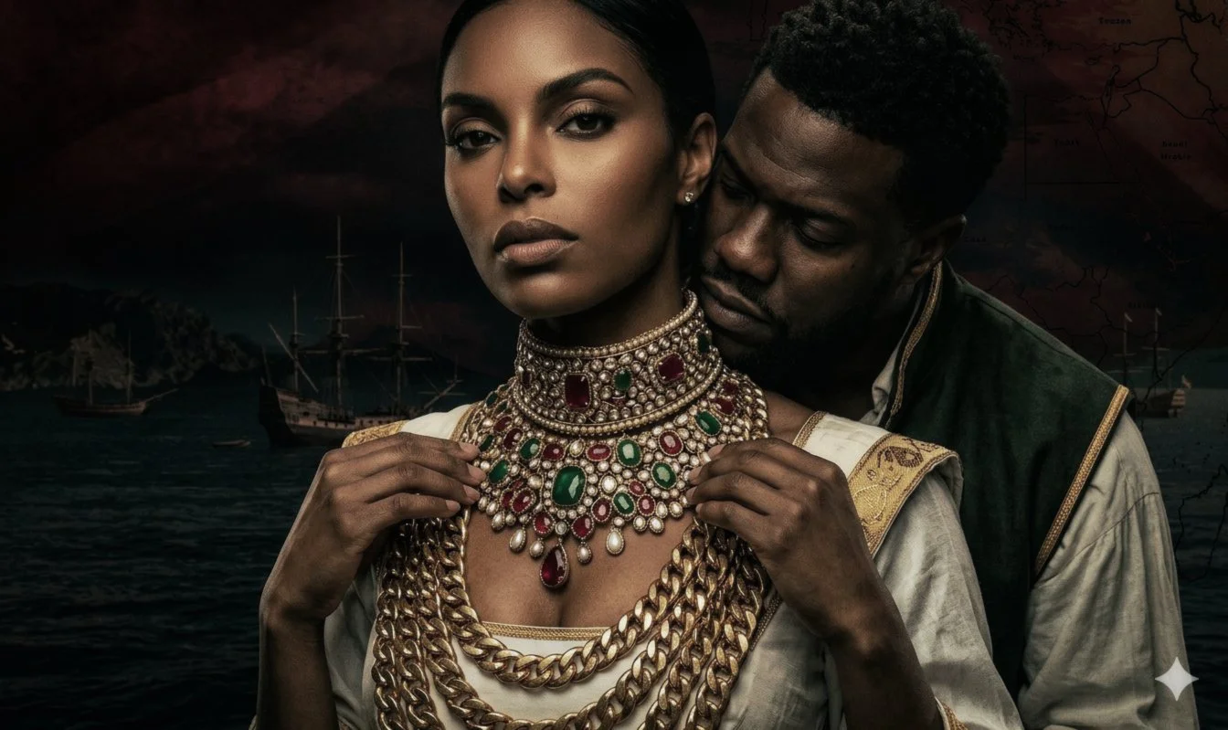 A woman and a man dressed in historical costumes with a dark, stormy sea and ships in the background. The woman wears ornate jewelry, including multiple pearl and gemstone necklaces.