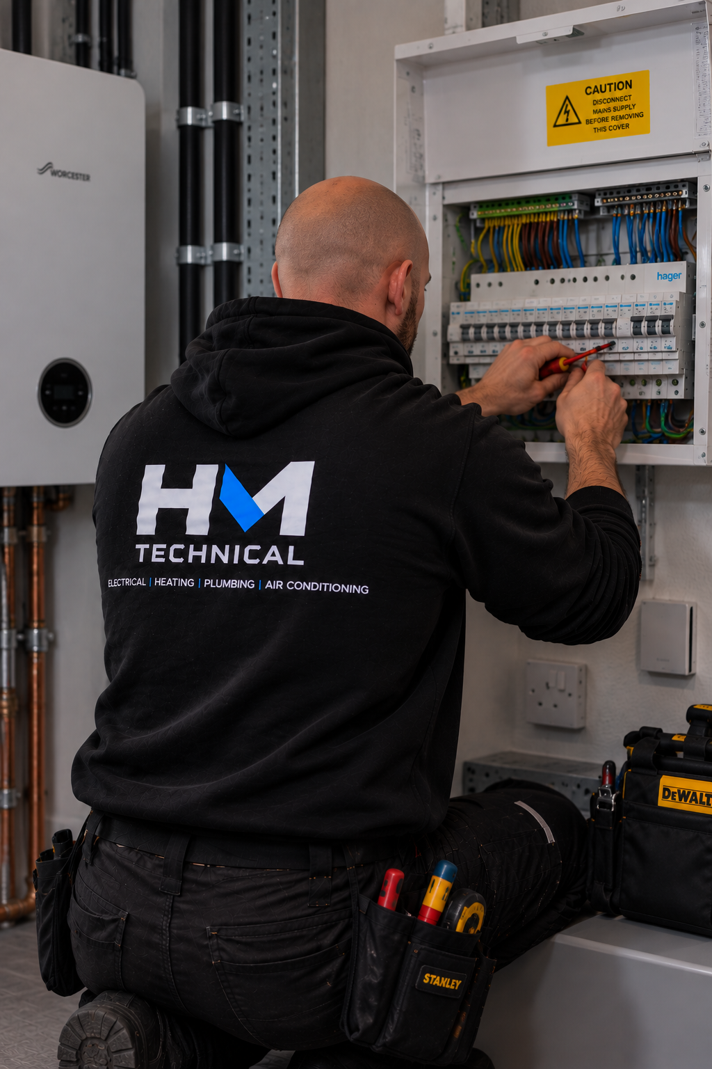 An electrician working on an electrical panel with a yellow caution sign, tools in a tool belt, and a black hoodie with the words HM Technical on the back.