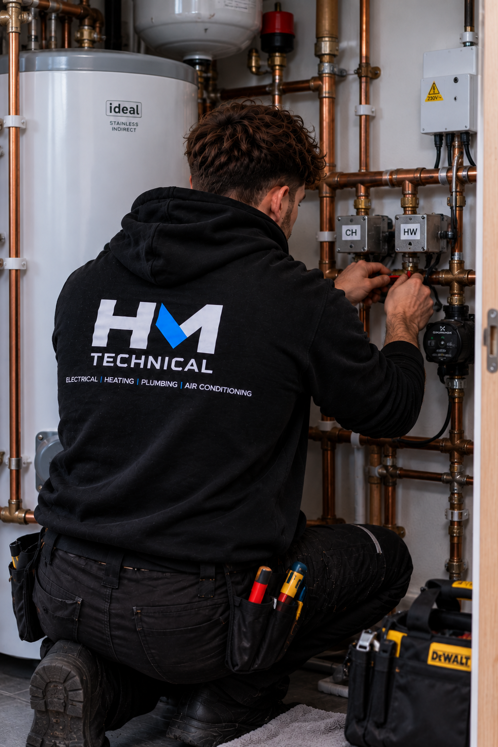 A technician working on plumbing pipes and valves inside a utility closet, wearing a black hoodie with 'HM Technical' on the back, and using tools from a toolbox placed nearby.