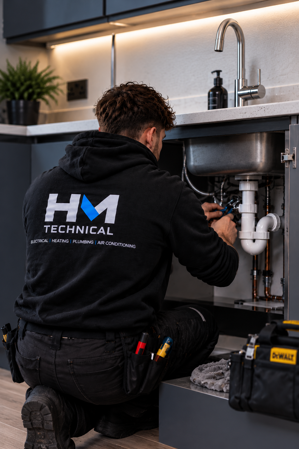 A technician working under a kitchen sink, fixing plumbing pipes. The technician wears a hoodie with the logo 'HM Technical' and is kneeling on the floor with tools nearby.