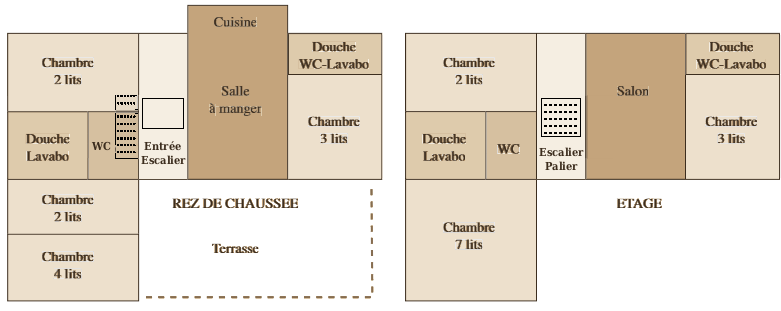 Plan architectural de deux niveaux d'une maison, montrant différentes pièces telles que chambres, salle à manger, salon, terrasse, douche, WC, lavabo, escalier, et l'emplacement d'une salle à manger, salle de bain, et chambres. La première image représente le rez-de-chaussée et la seconde l'étage.