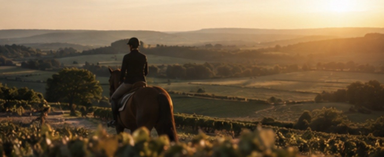 Une personne à cheval regardant un paysage rural au coucher du soleil.