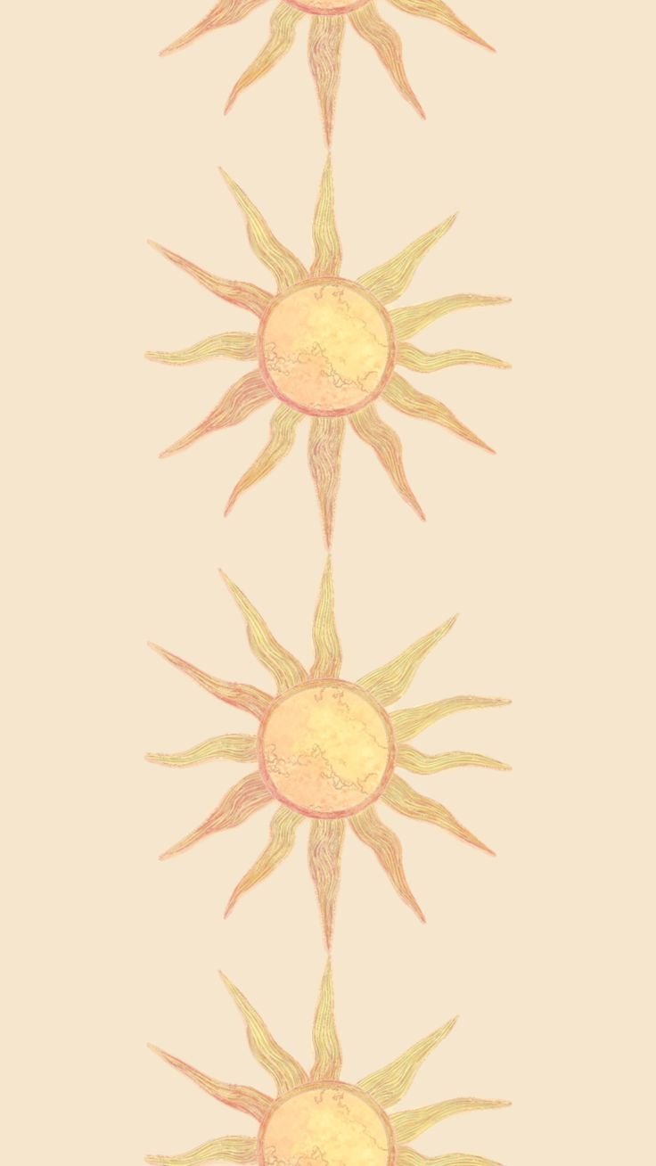 Pattern of three stylized suns with circular centers and pointed rays, arranged vertically on a light beige background.