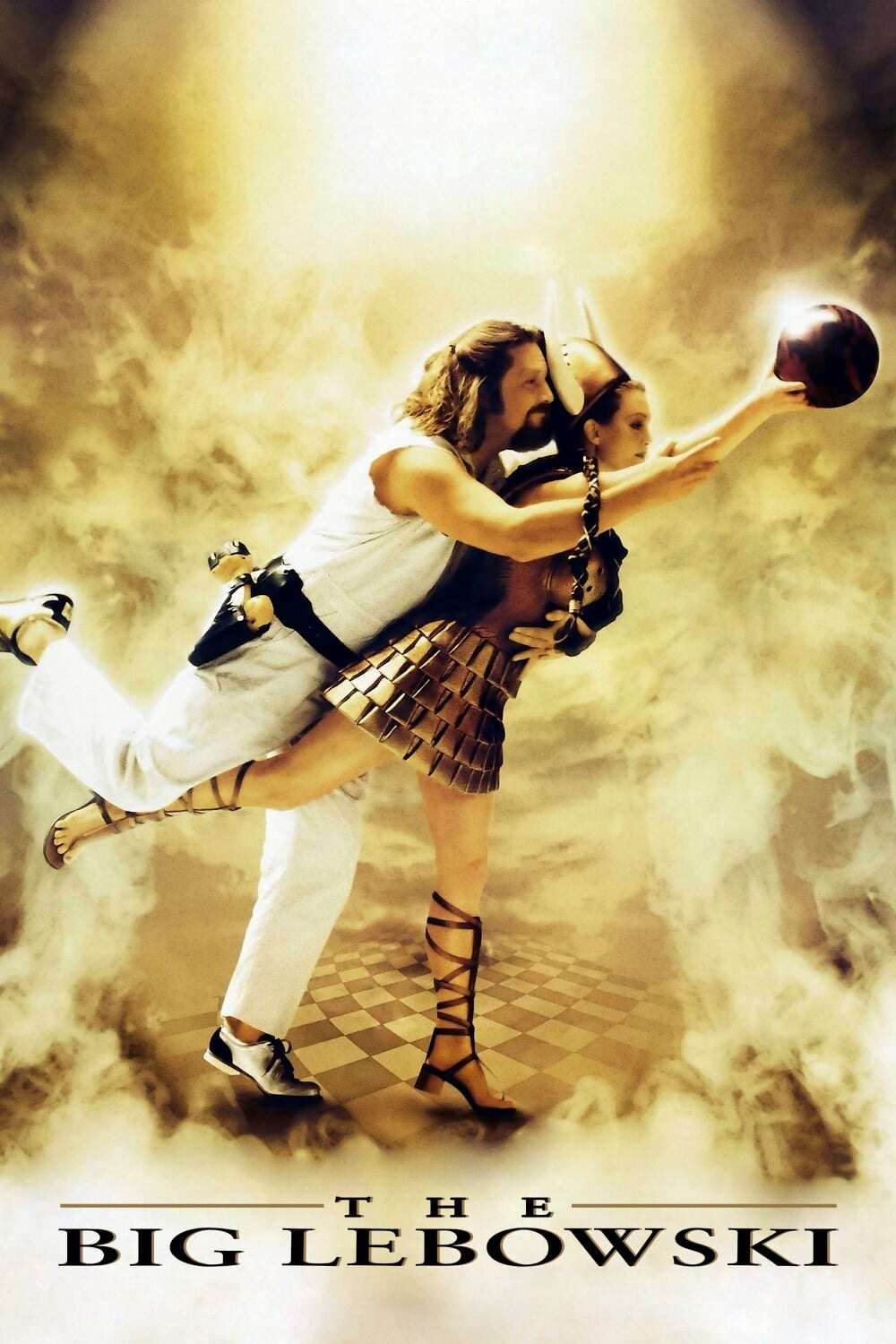 Promotional poster for 'The Big Lebowski' featuring two characters in a stylized scene, with one holding a bowling ball. It has a warm, smoky background with text at the bottom.