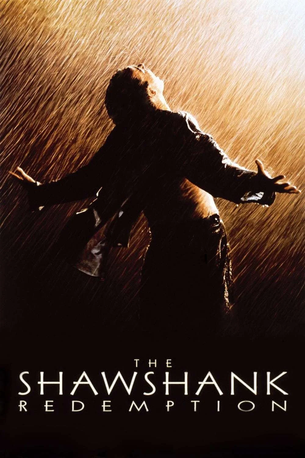 Poster for the movie "The Shawshank Redemption" showing a man with arms outstretched in the rain, backlit to create a dramatic silhouette.