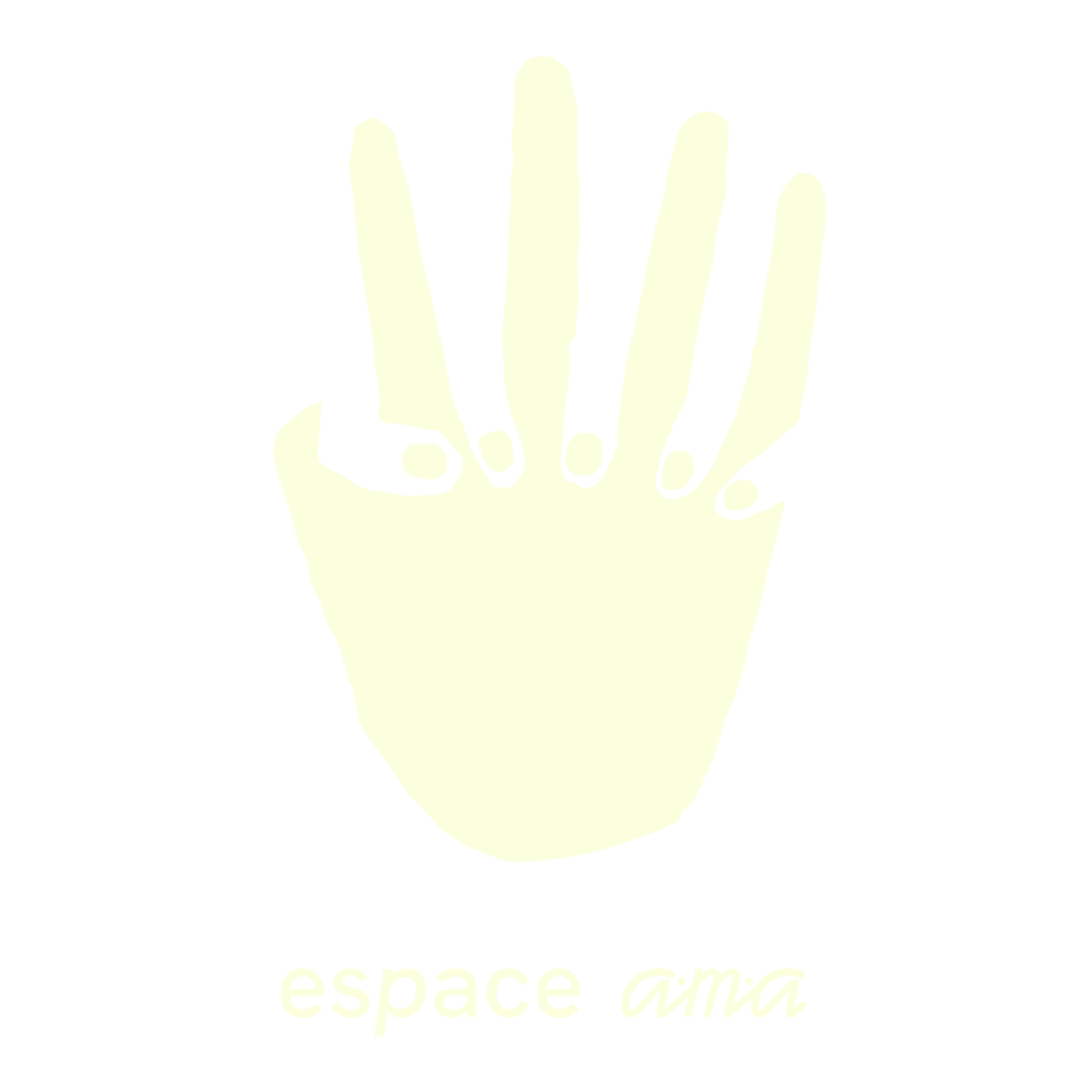Une illustration d'une main en style silhouette de couleur claire avec le texte 'espace ama' en dessous.