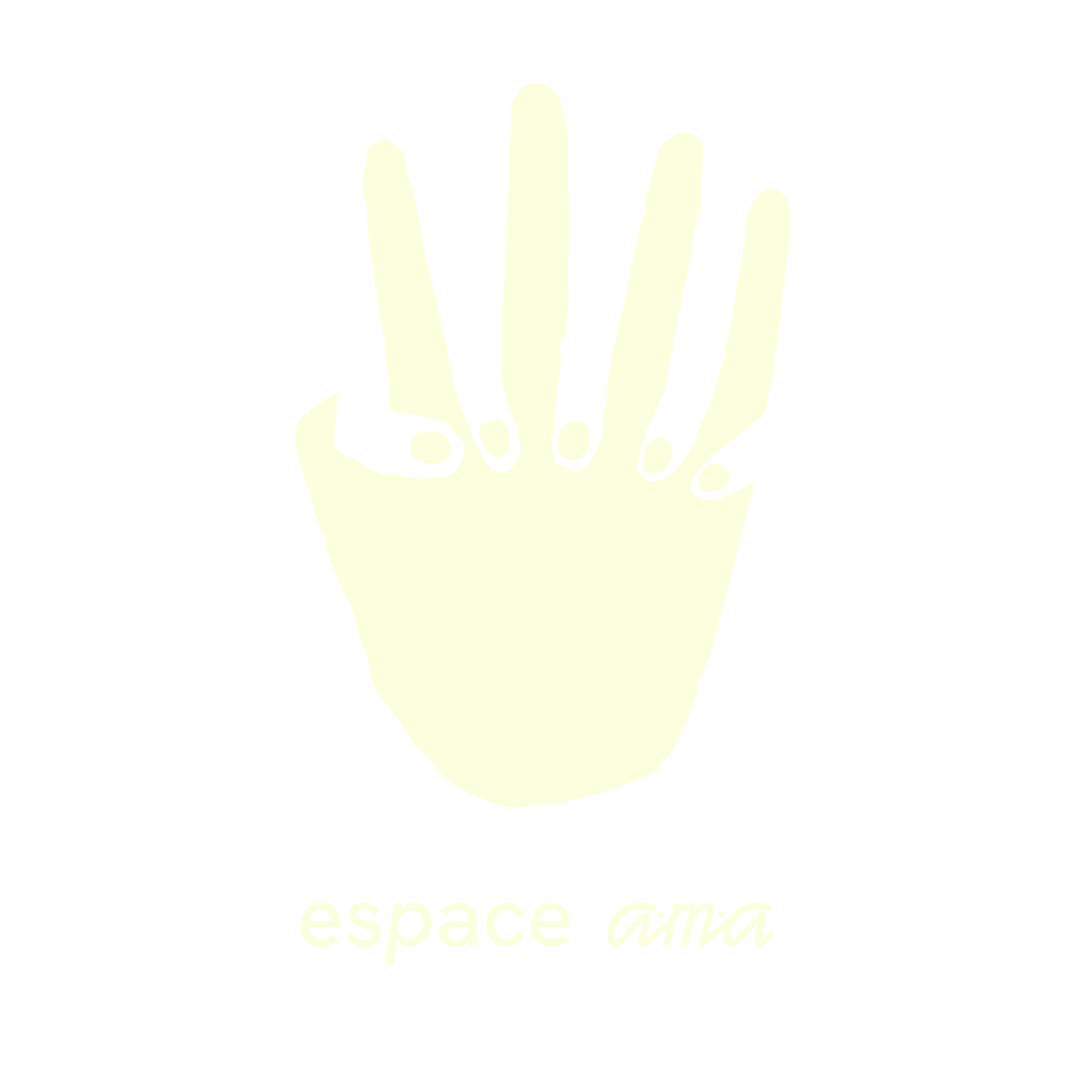Une illustration d'une main stylisée avec le texte 'espace aura' en dessous, fond noir.