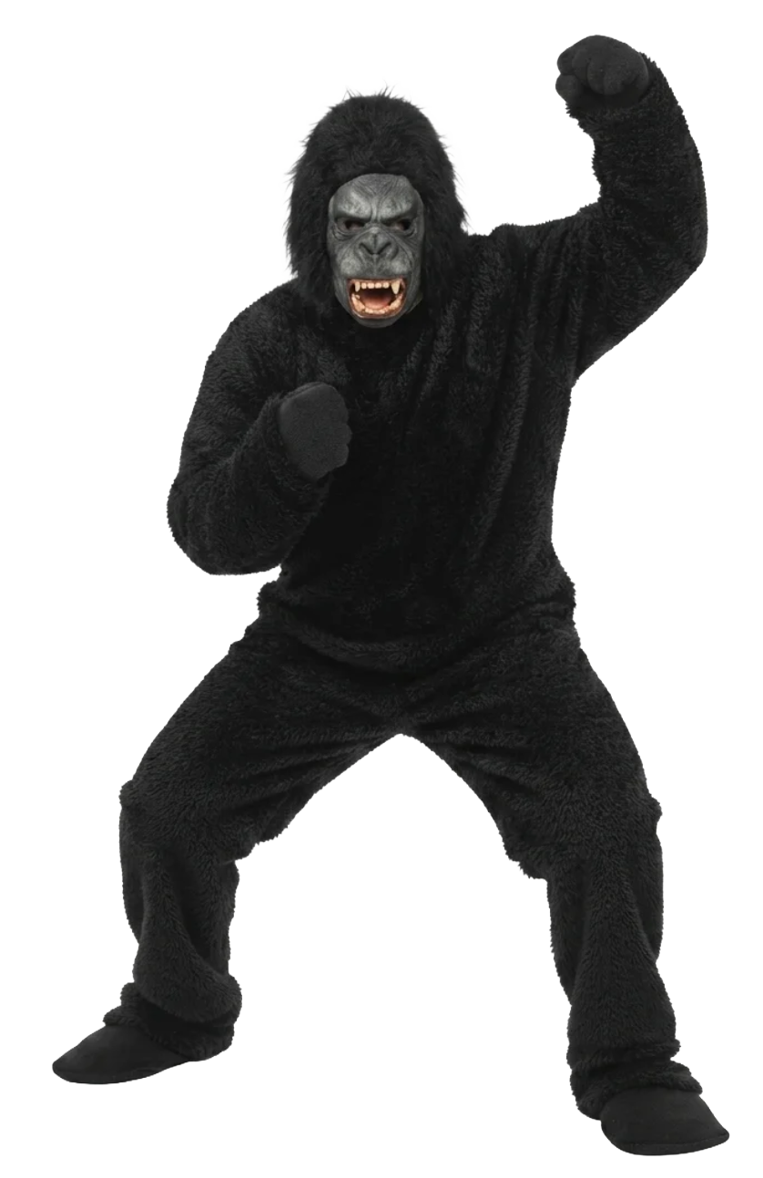 Person dressed in a gorilla costume, standing in a fighting stance with fists raised, facing forward with a fierce expression.