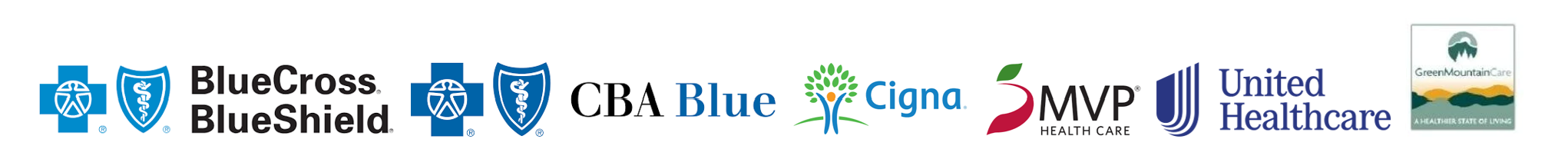 Logos of various healthcare organizations, including Blue Cross Blue Shield, Cigna, MVP Health Care, United Healthcare, and Green Mountain Care.