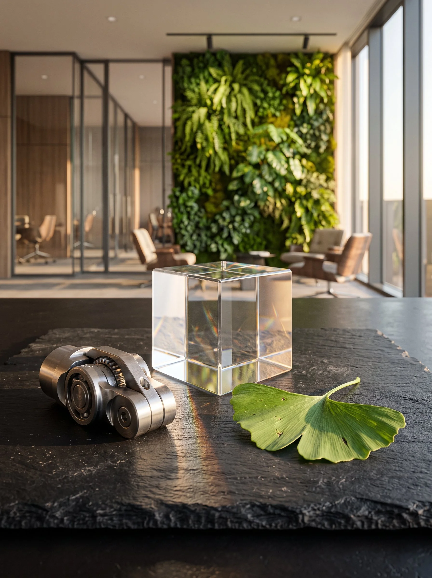 A transparent crystal cube, an interlocking polished titanium joint, and a fresh green leaf resting on a slate table, representing EEE's core values of integrity, innovation, global collaboration, and sustainability.
