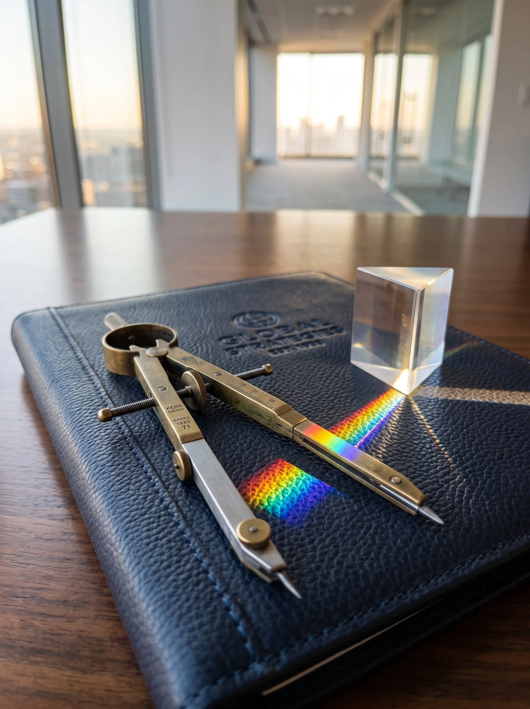 A precision brass drafting compass and an optical glass prism resting on a leather portfolio, illuminated by a beam of sunlight, representing EEE's strategic vision and multi-sector mission.