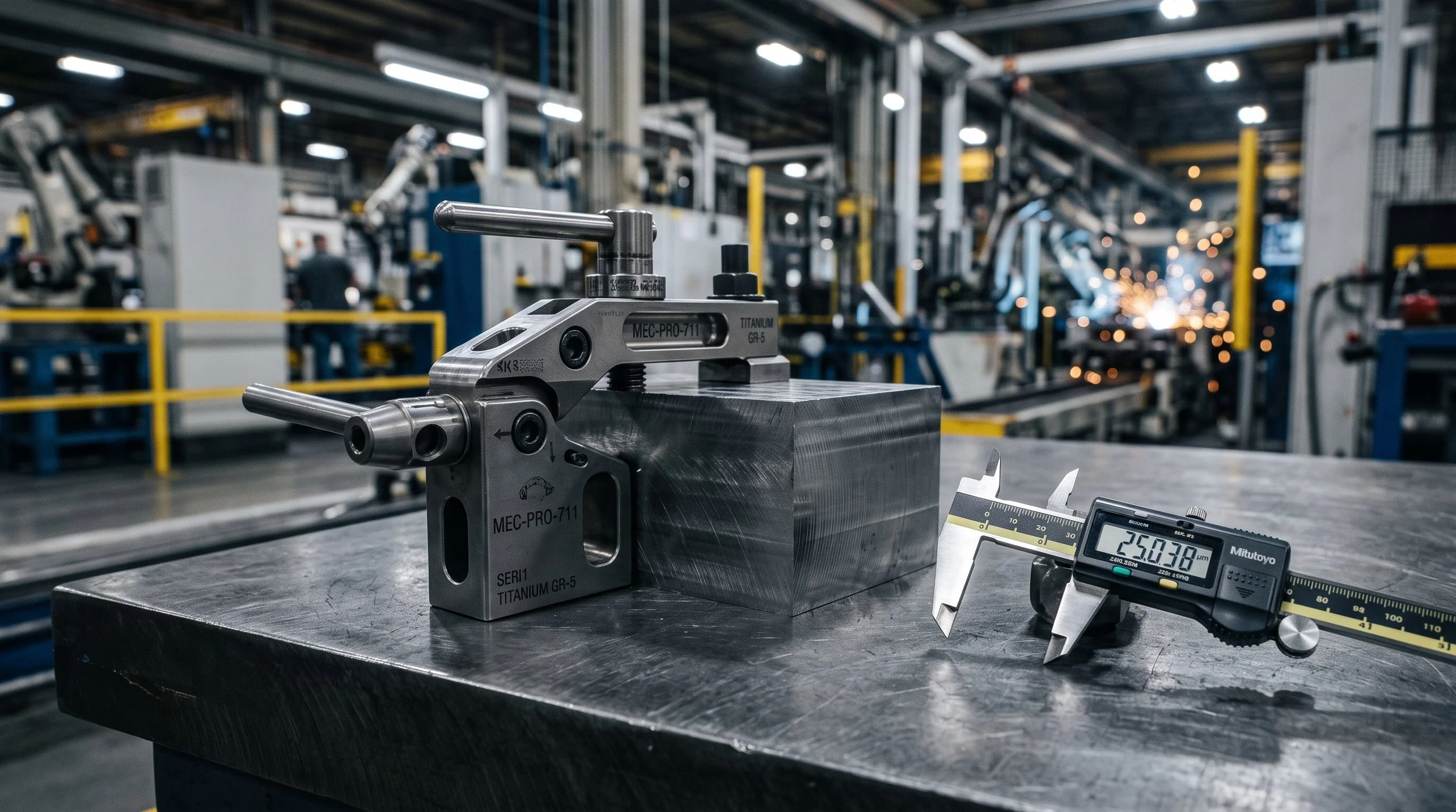 A precision-machined titanium industrial jig holding milled steel next to a digital caliper on a brushed steel table, representing EEE's high-precision industrial engineering solutions and heavy manufacturing expertise.
