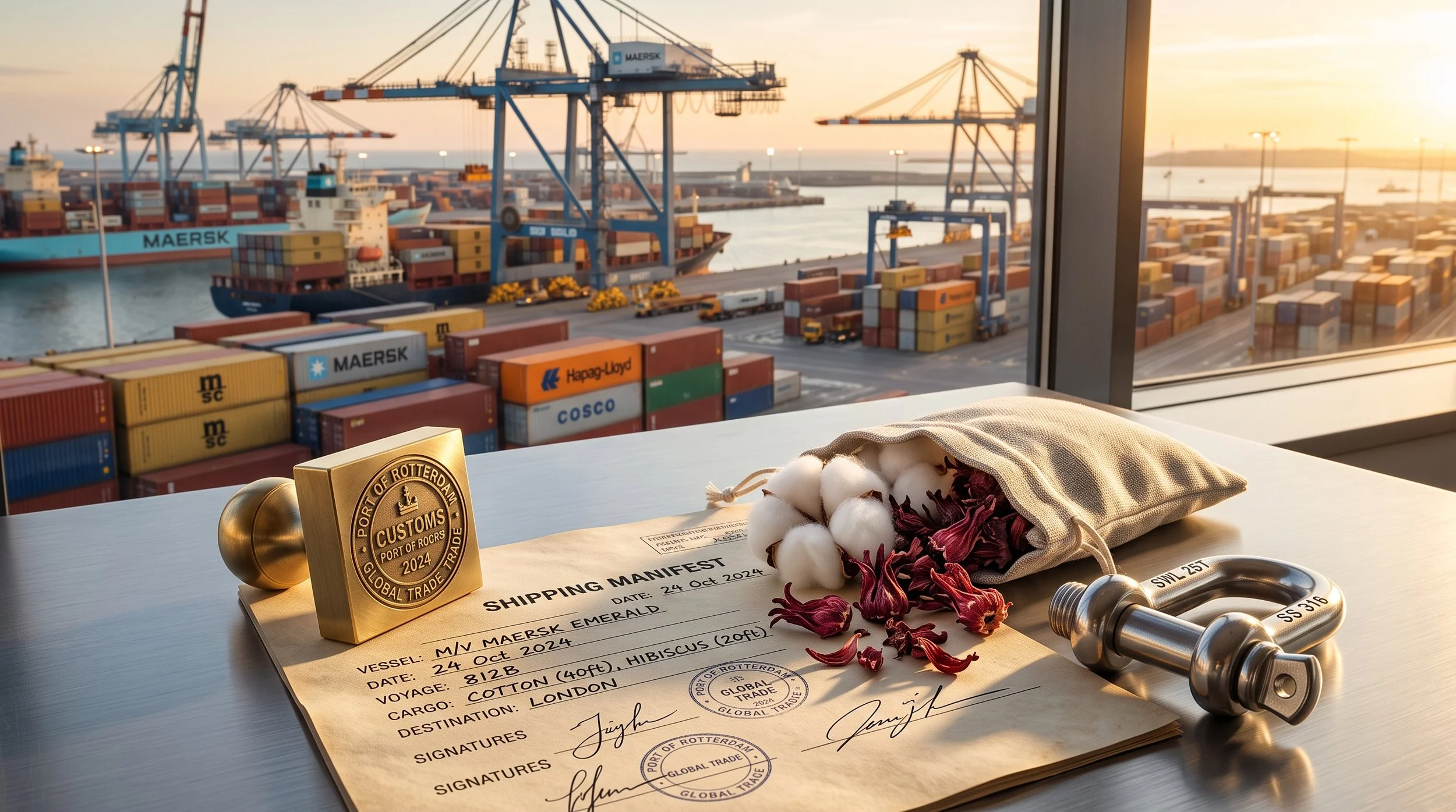 A brass customs stamp, a maritime cargo shackle, and a linen pouch of raw cotton and dried hibiscus resting on export documents, representing EEE's global logistics and premium Egyptian exports.