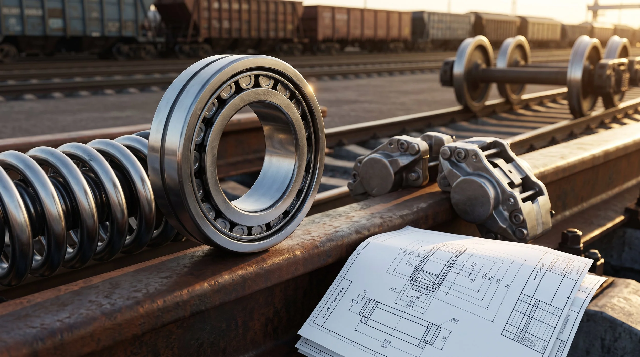 A precision-machined heavy-duty railway roller bearing, a polished suspension coil, and brake calipers resting on a steel railway tie, representing EEE's high-strength railway wagon components and European-certified freight solutions.