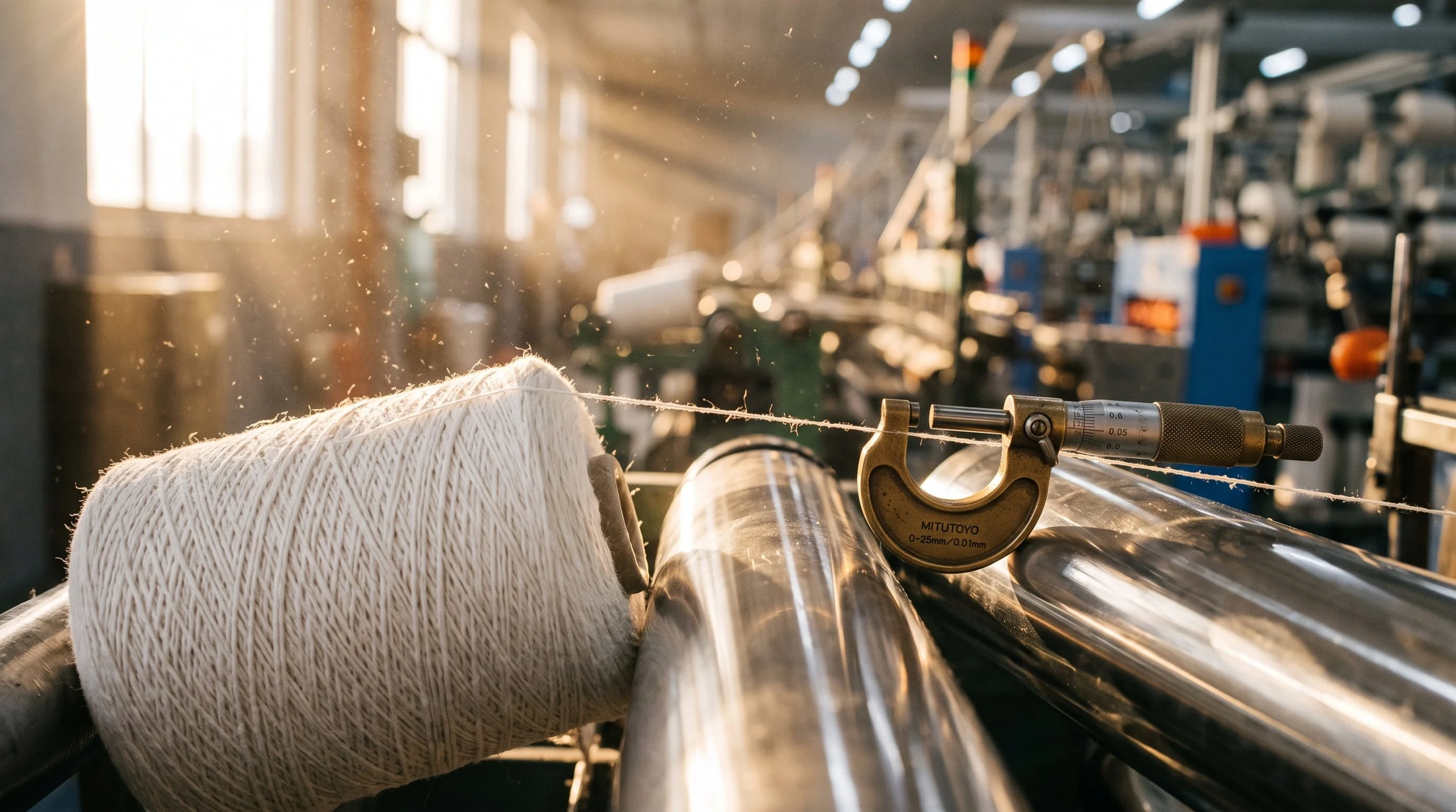 A brass micrometer inspecting a taut strand of premium spun cotton on a polished steel industrial loom, representing EEE's high-quality textile manufacturing and rigorous thread strength testing.