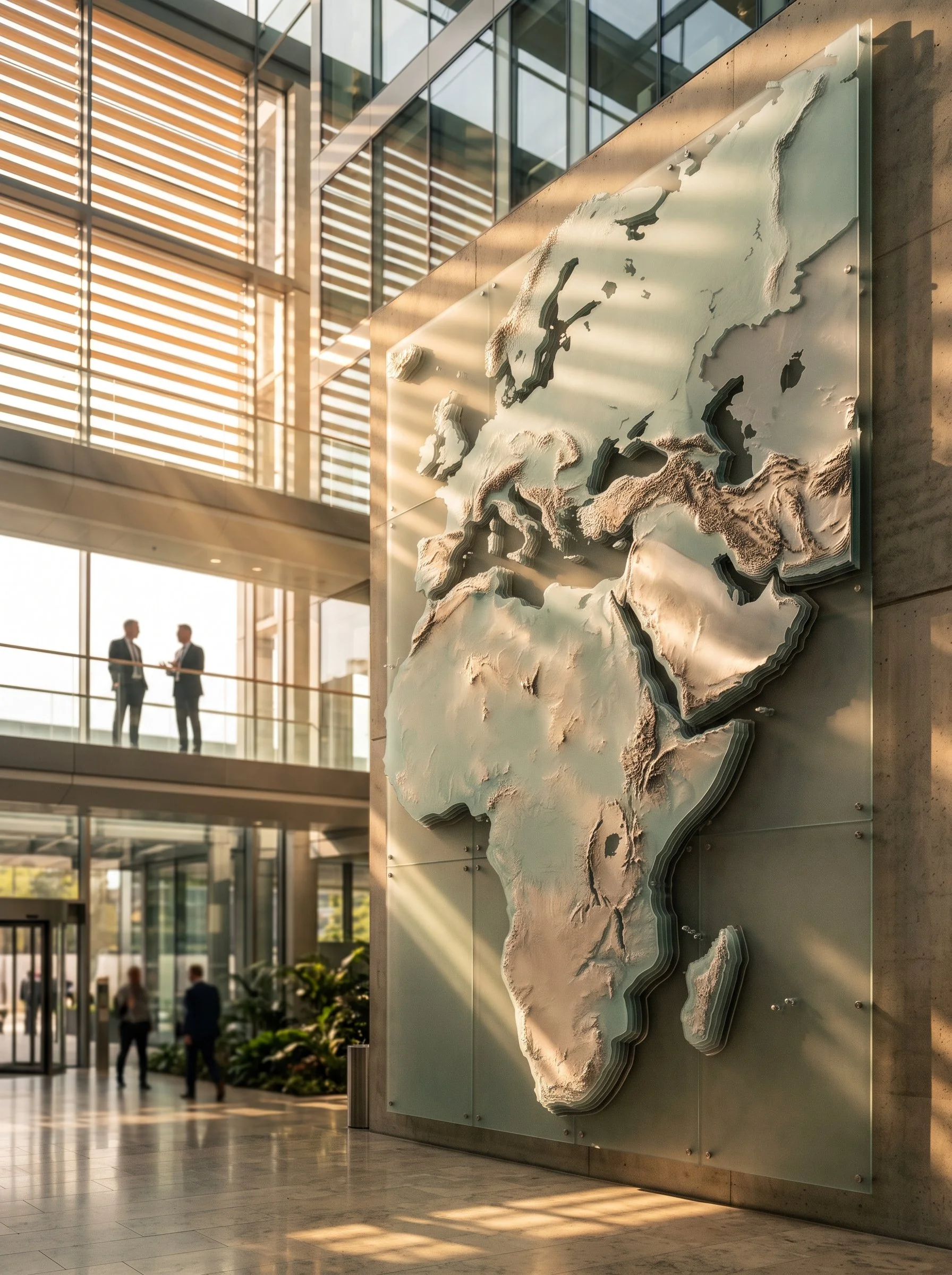 A brushed aluminum and frosted glass map of Africa, the Middle East, and Europe illuminated by sunlight in a modern corporate atrium, with business professionals conversing in the background, representing EEE's global reach.