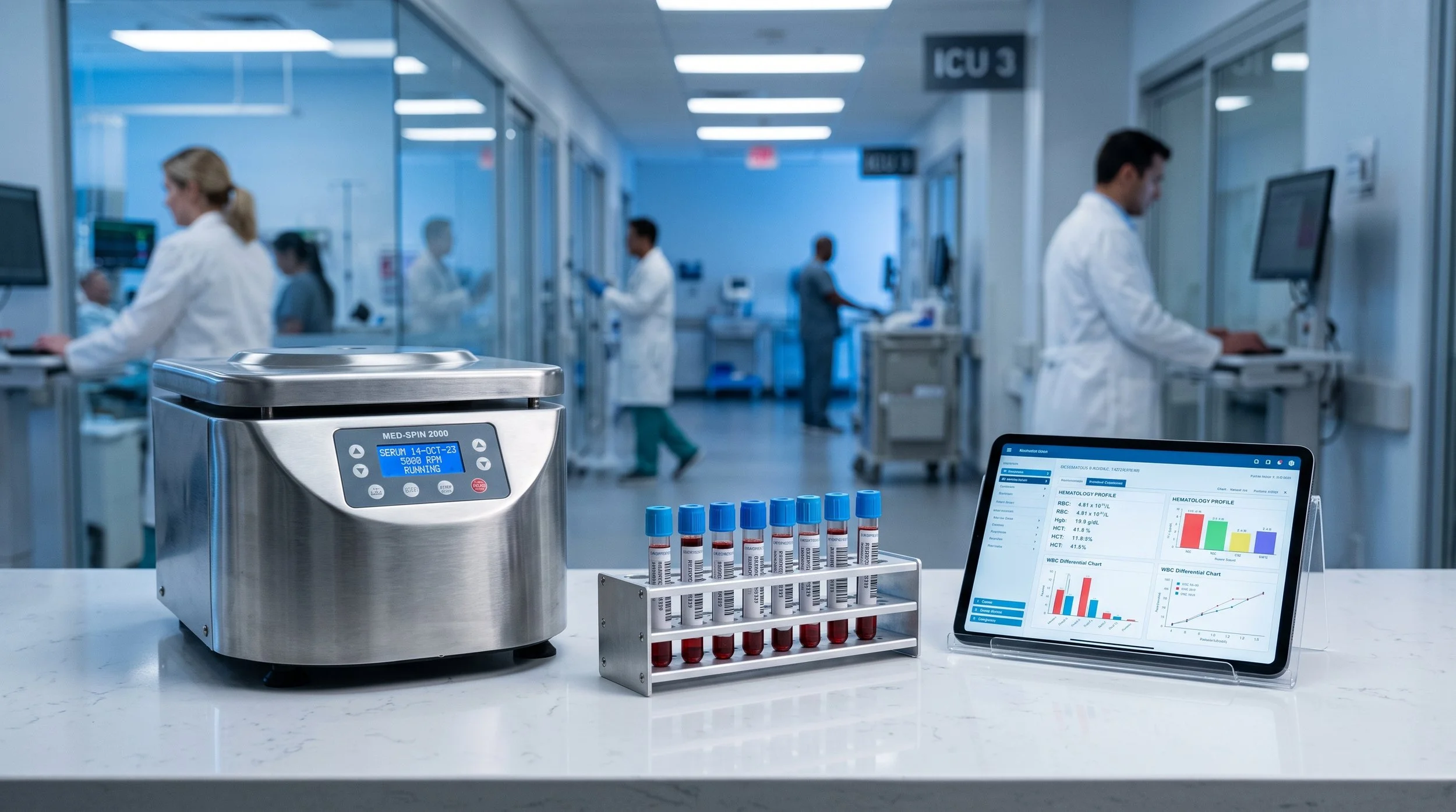 Sterile glass diagnostic vials, a stainless steel centrifuge, and a clinical data tablet resting on a pristine quartz countertop inside a modern hospital, representing EEE's comprehensive healthcare and advanced medical laboratory services.