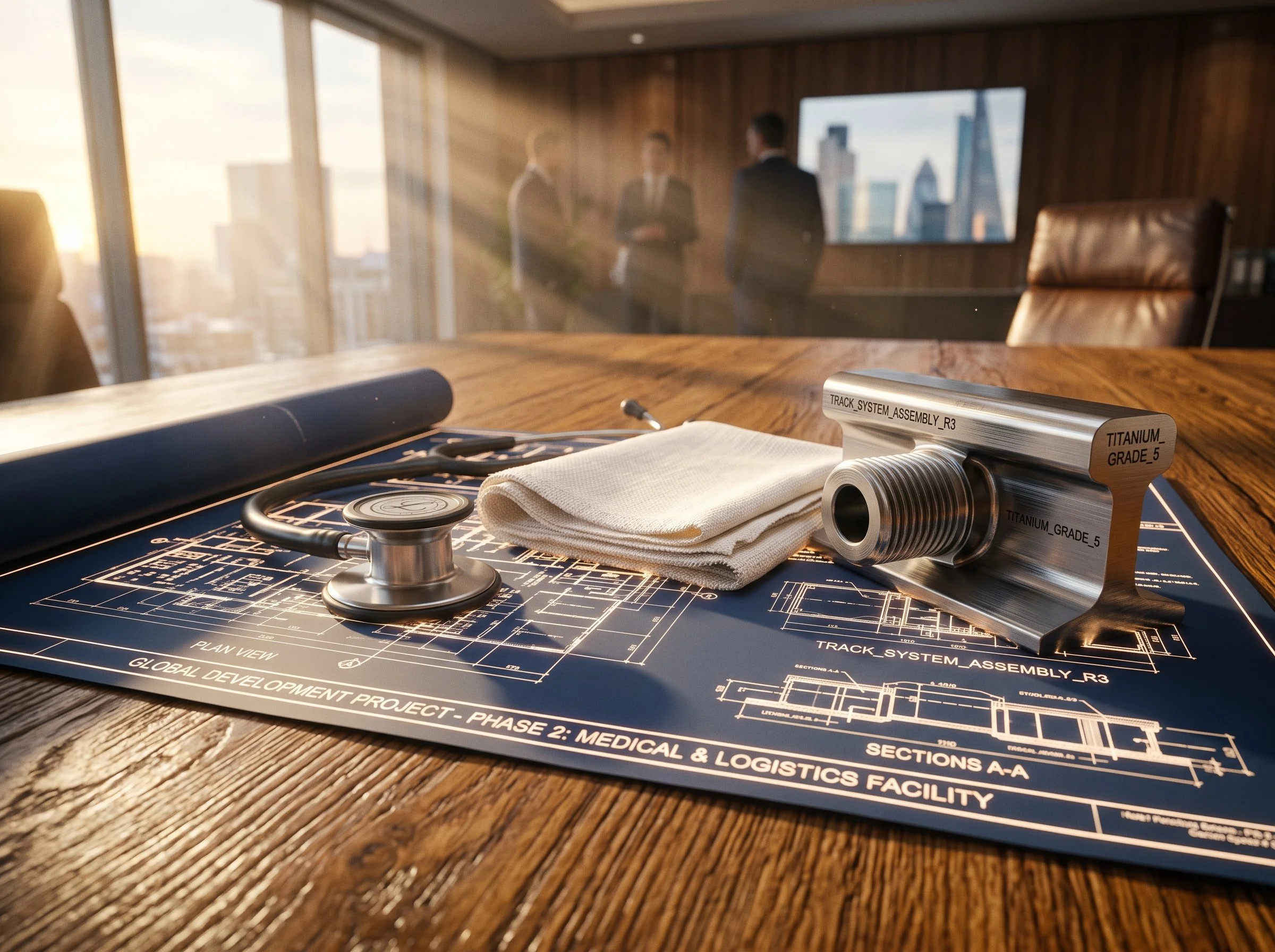 A stainless steel stethoscope, a premium cotton swatch, and a titanium railway component resting on an architectural blueprint on a polished oak table, representing EEE's diverse founding sectors and future growth.