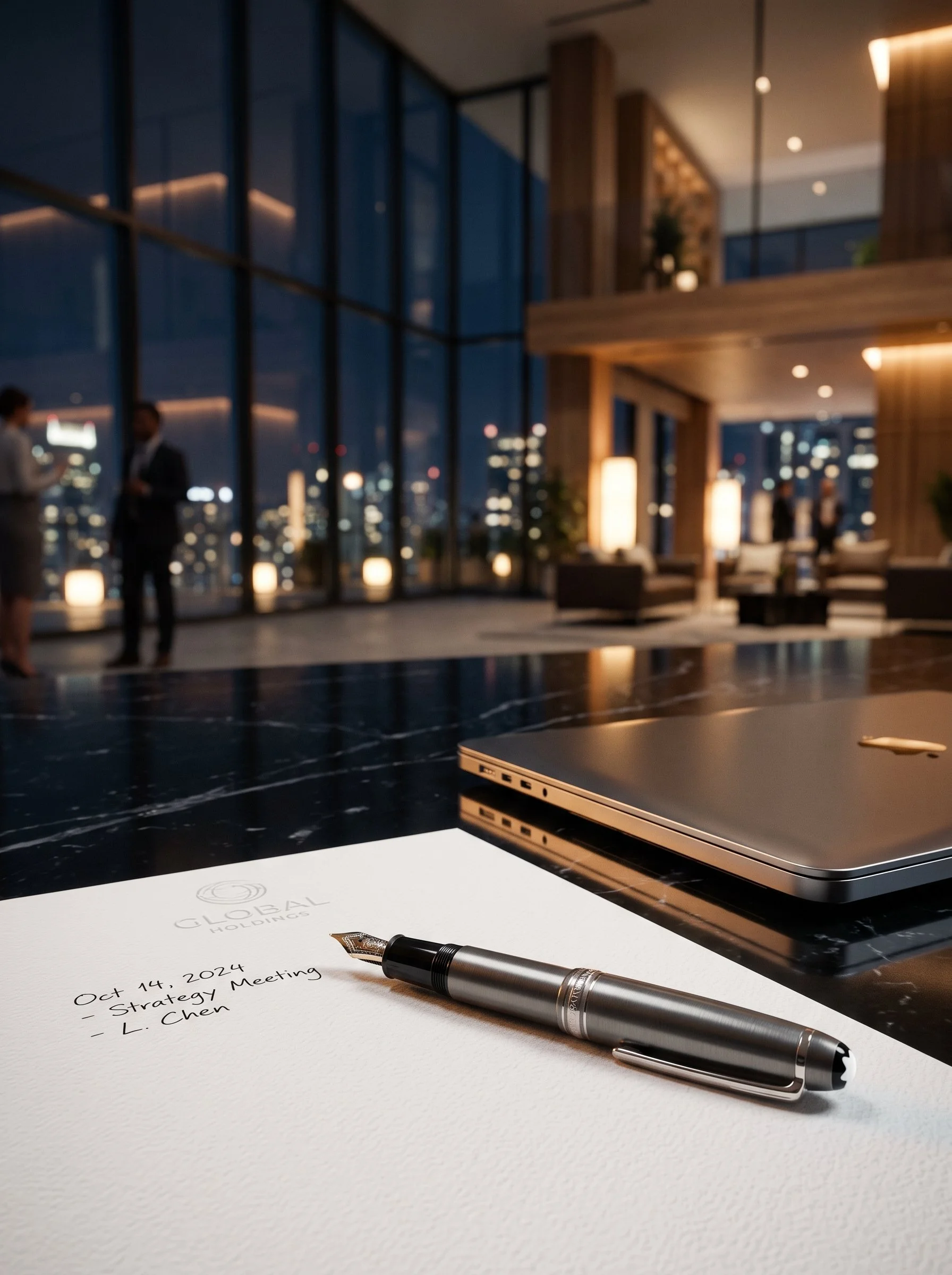 A conference room with a laptop, a notepad with handwritten notes and a pen on a white sheet of paper, and the view of city skyline through large glass windows at night.