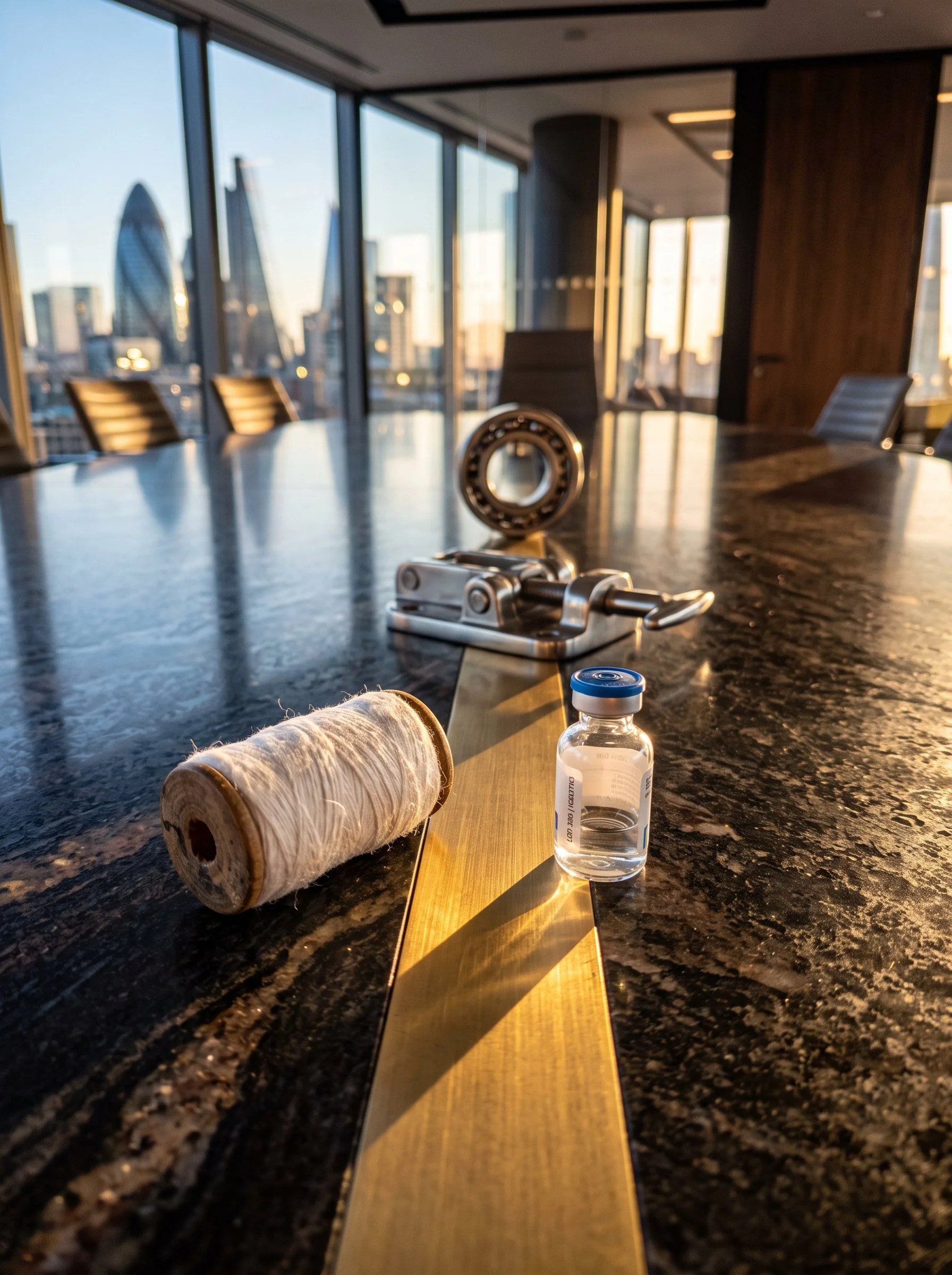 A chronological timeline on a polished granite table featuring a spool of cotton, a medical vial, a shipping latch, and a titanium railway bearing, representing EEE's history and multi-sector milestones from 2014 to 2026.