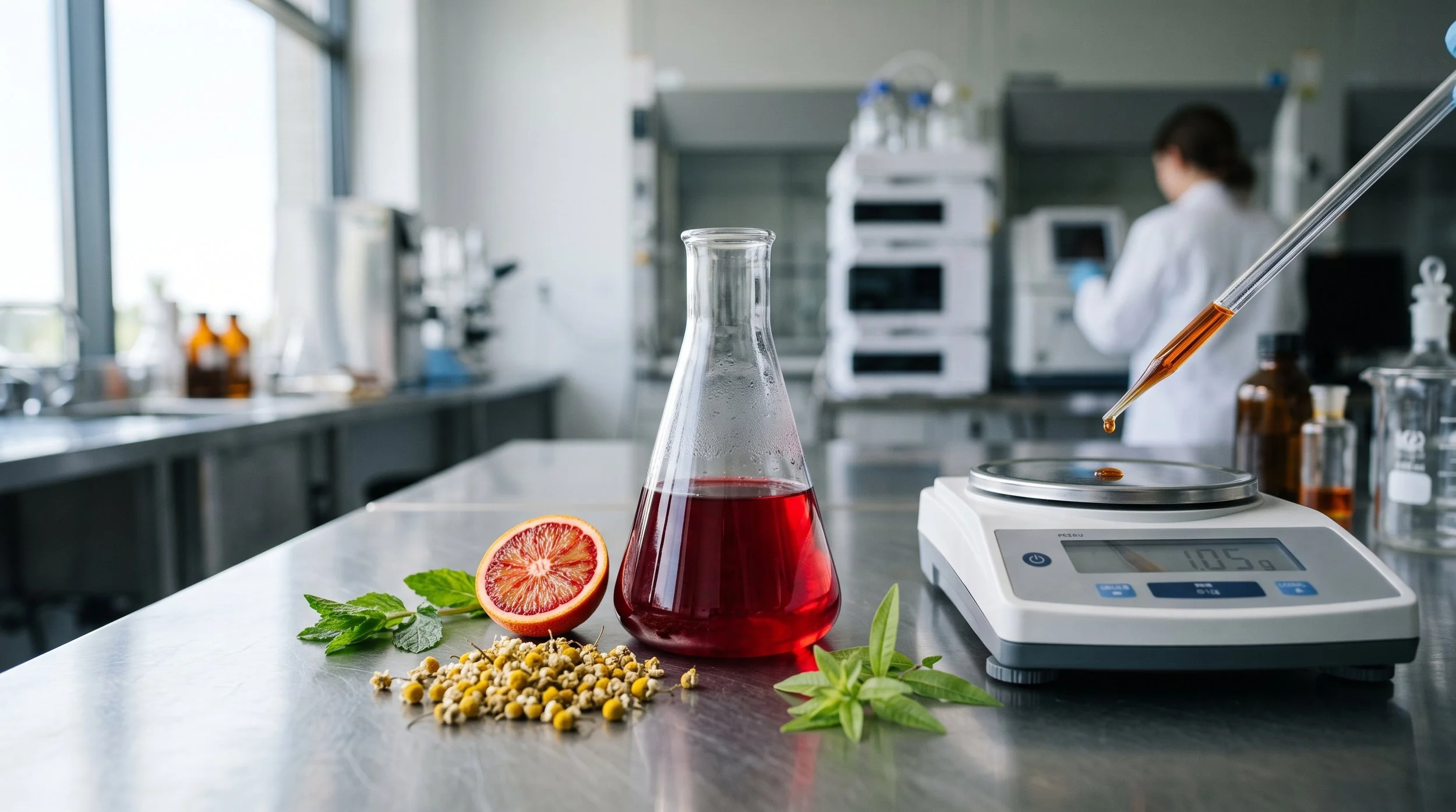 A glass flask of ruby-red botanical extract, fresh citrus, chamomile, and a precision pipette on a stainless steel bench, representing EEE's natural beverage R&D, ingredient purity, and health-conscious formulations.